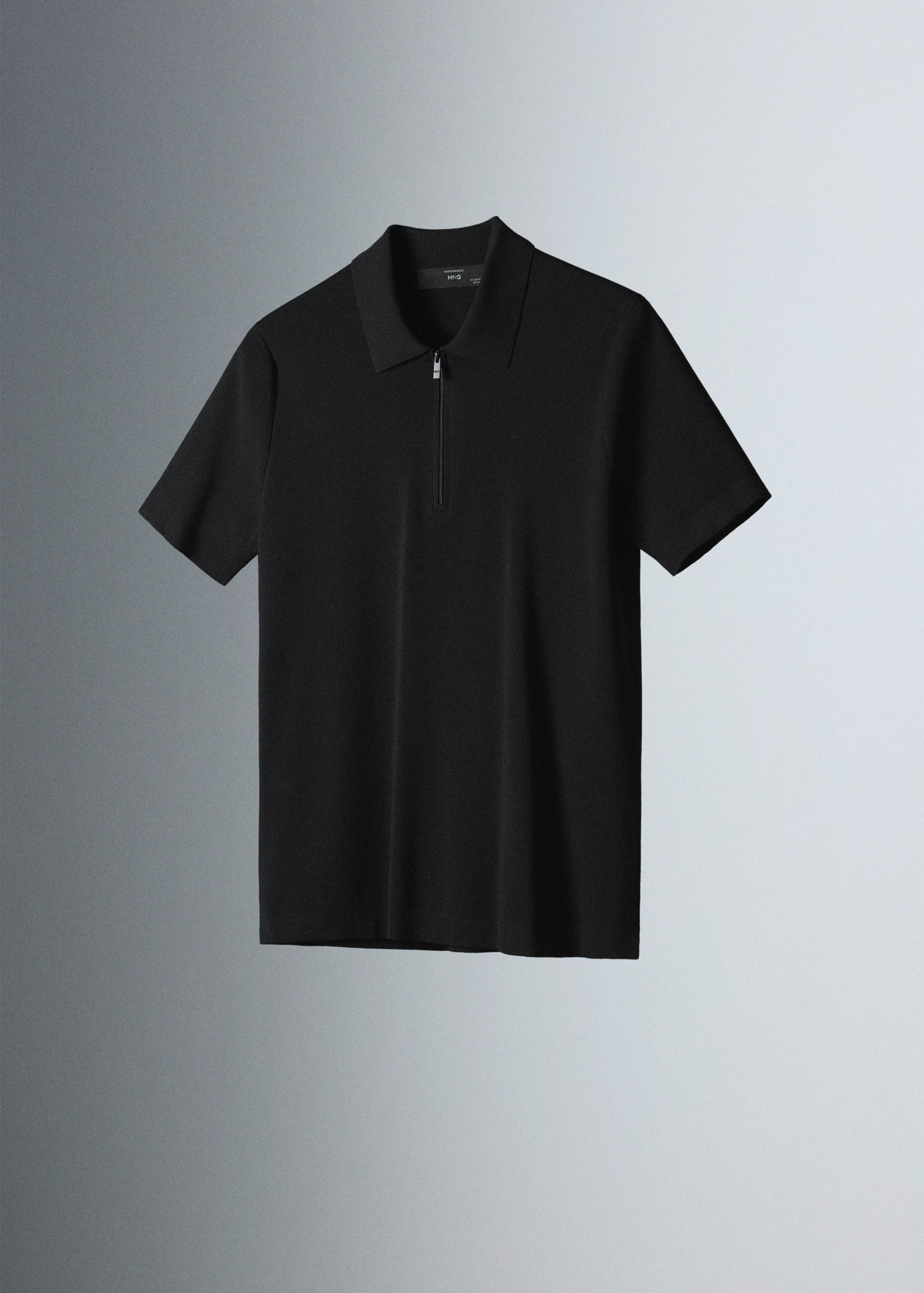 Black short-sleeved polo shirt with a half-zip placket.