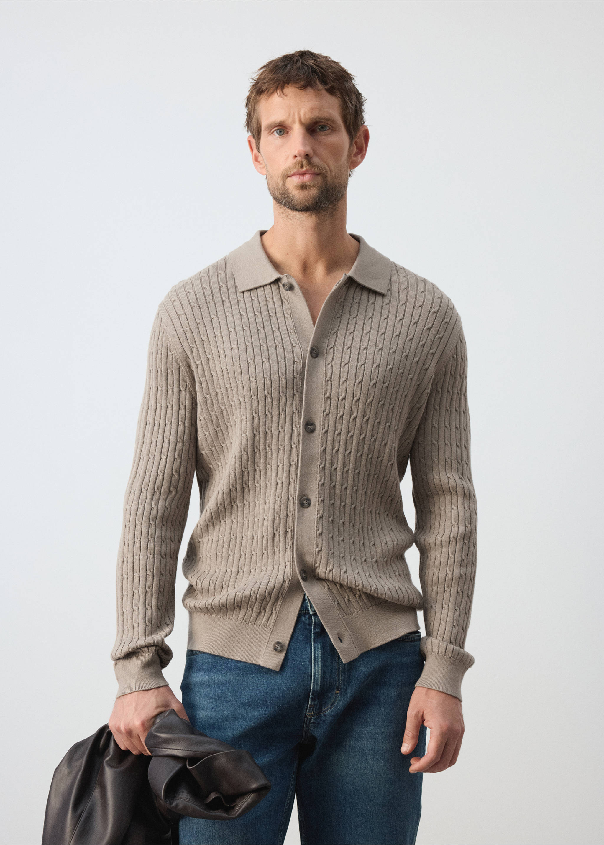 Cotton and lyocell blend shirt with cable knit detailing - Medium plane, Mink Grey. Ref: 37075981-00.