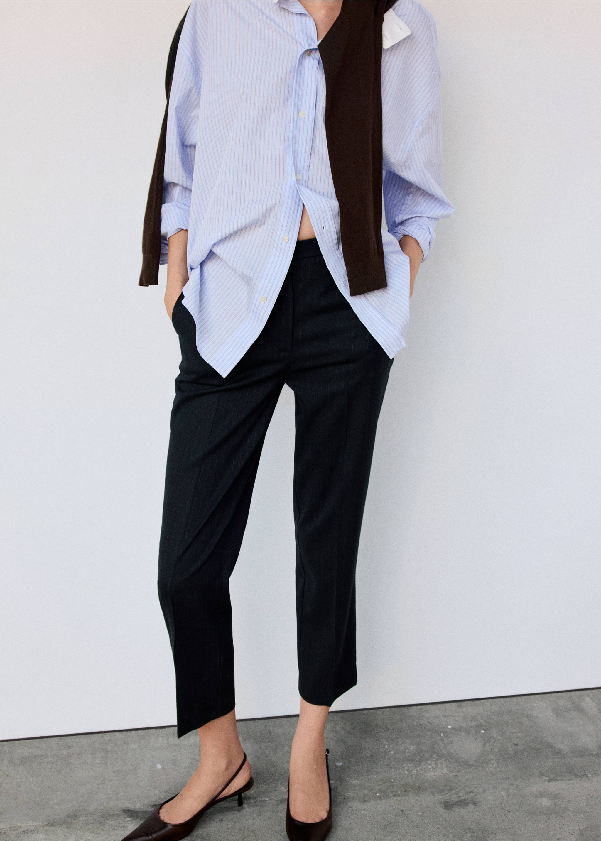 Chalk-stripe straight trousers - Medium plane, Navy. Ref: 37075985-00.