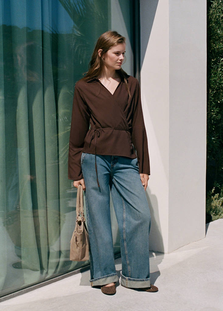 Striped wrap shirt — Brown