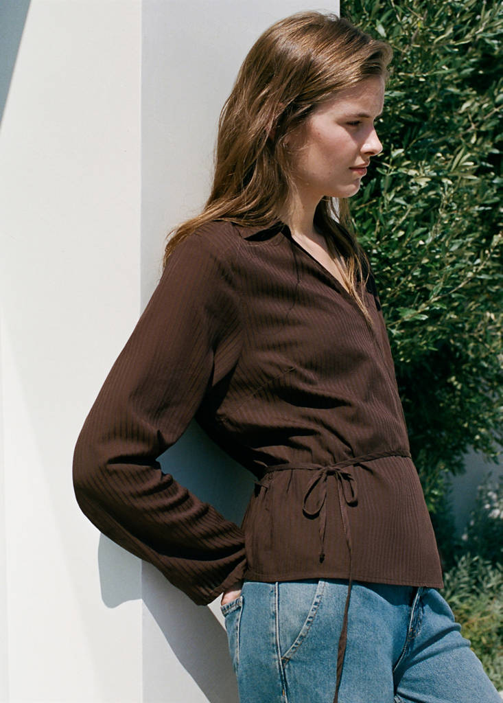 Striped wrap shirt — Brown