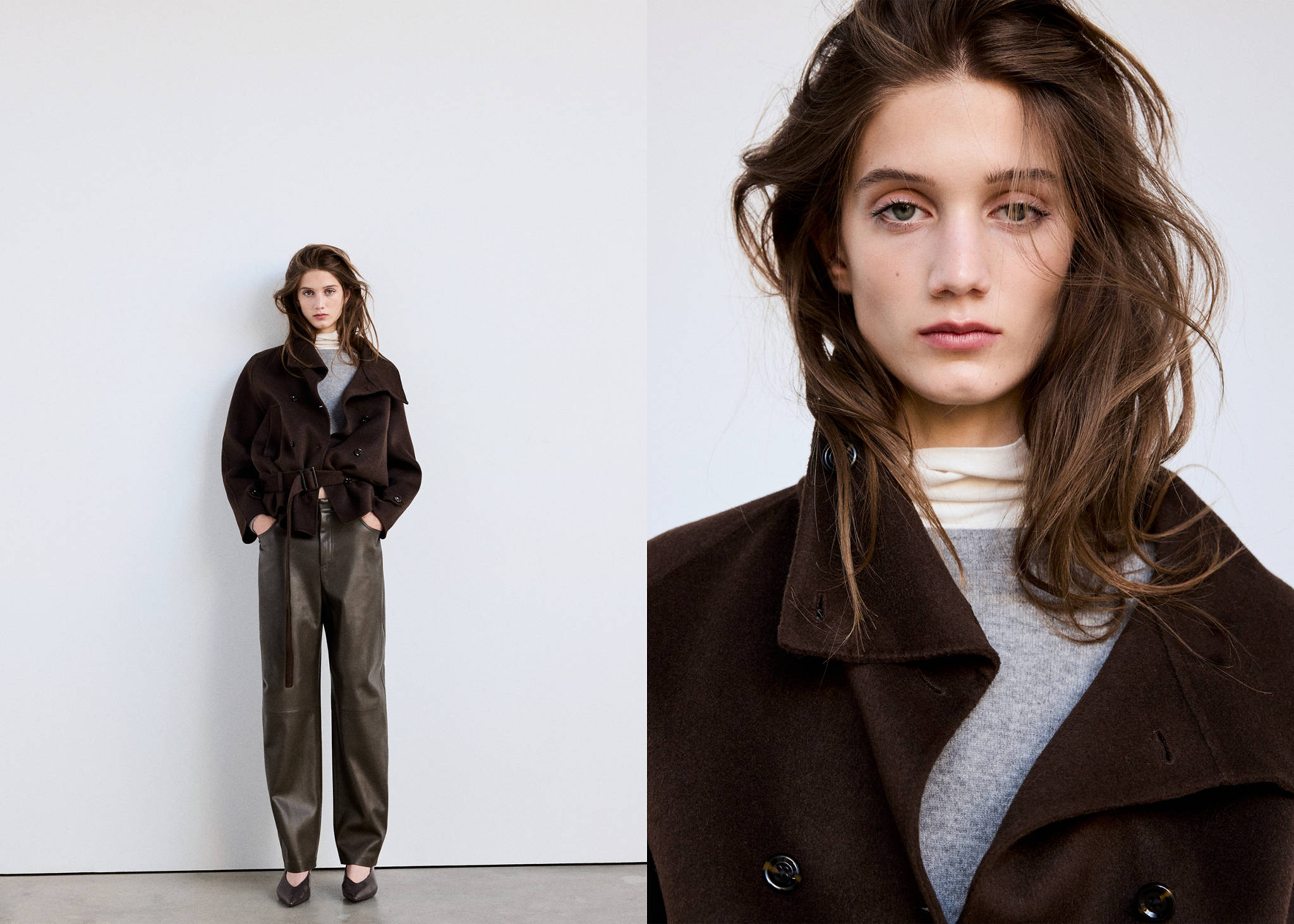 Dark brown leather trousers worn with a brown jacket and layered knit top in a two-part view.