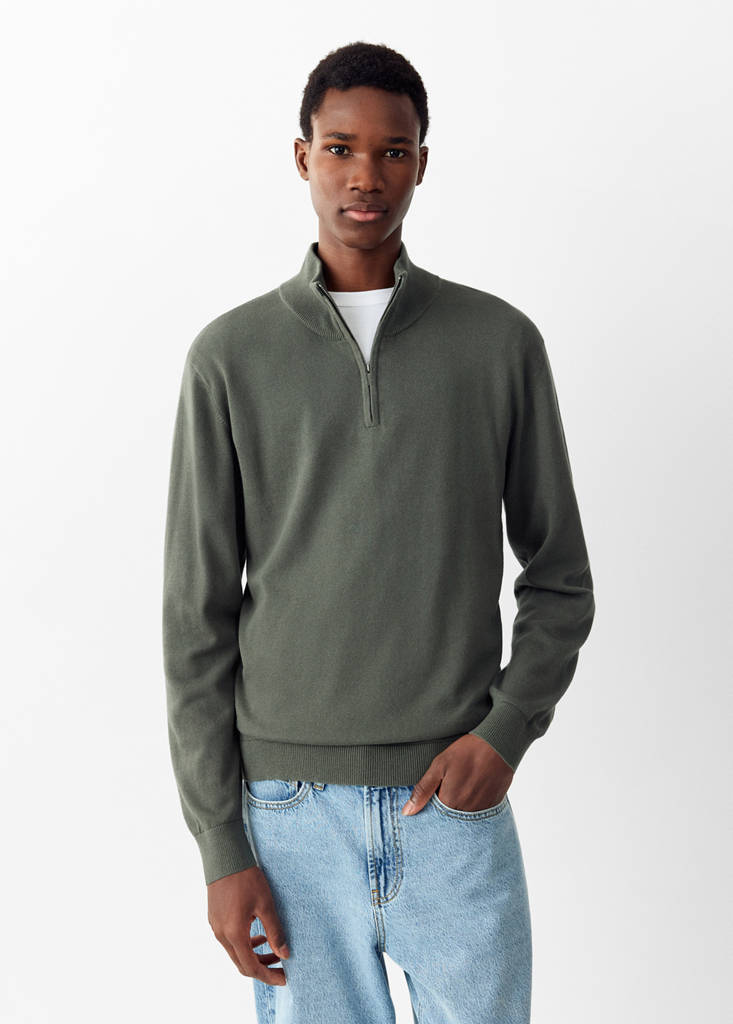 Perkins-neck sweater with zip — Forest Green