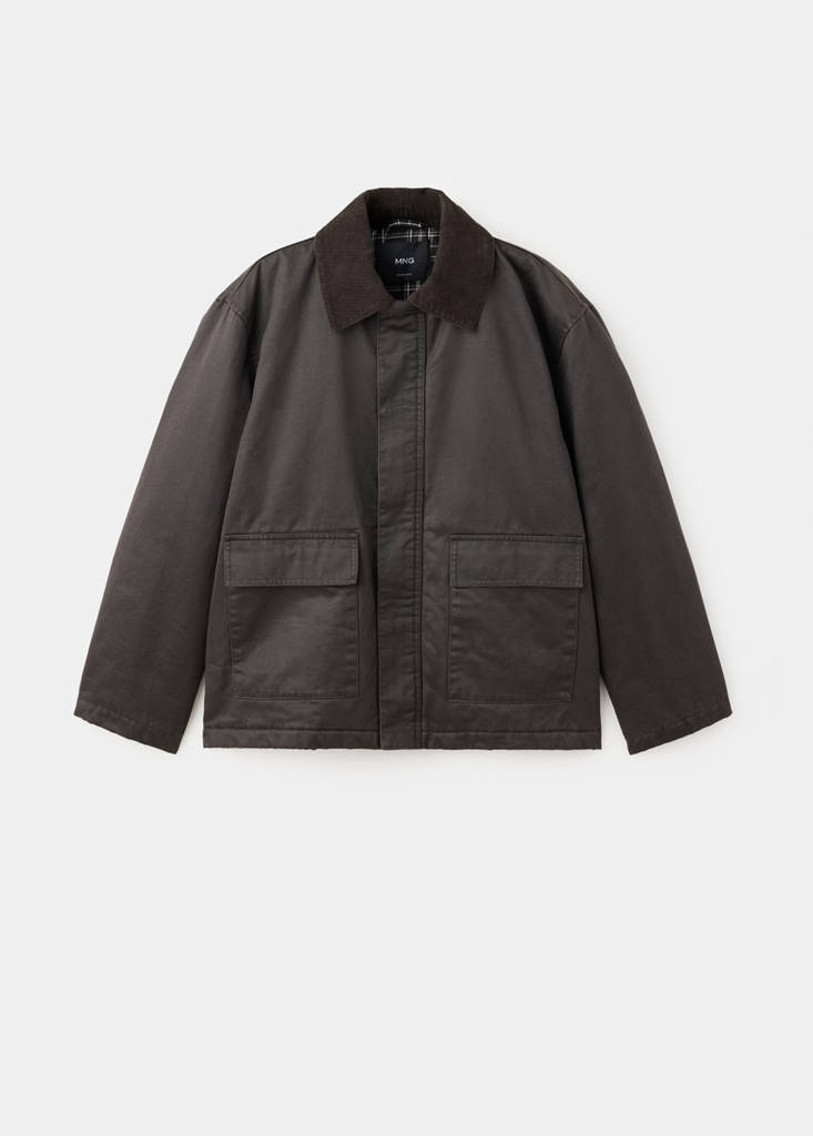 Waxed cotton parka with a corduroy collar — Brown