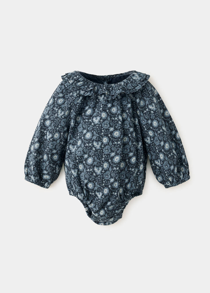 Long-sleeved floral romper — Petrol Blue