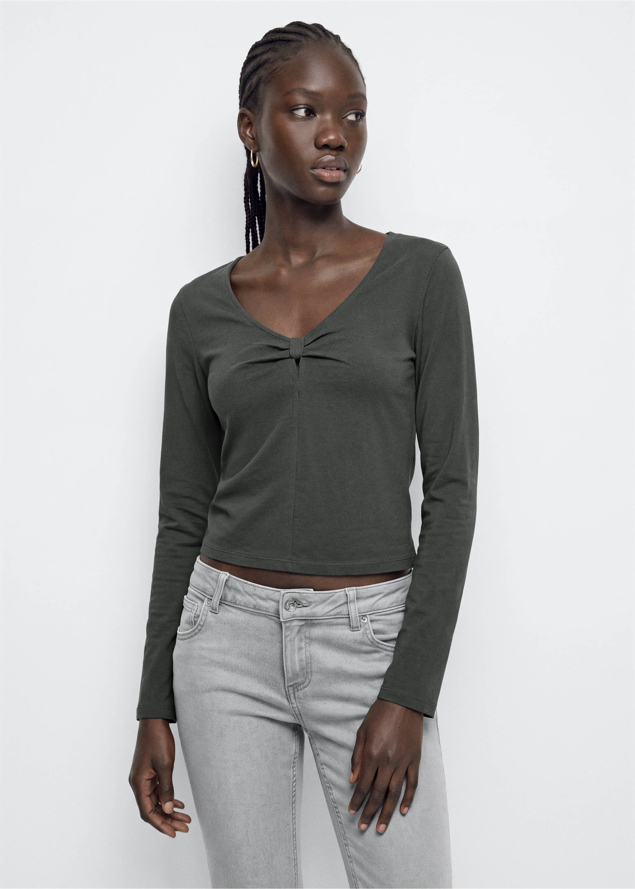 Cotton t-shirt with knot detail - Medium plane, Charcoal. Ref: 37076345-00.