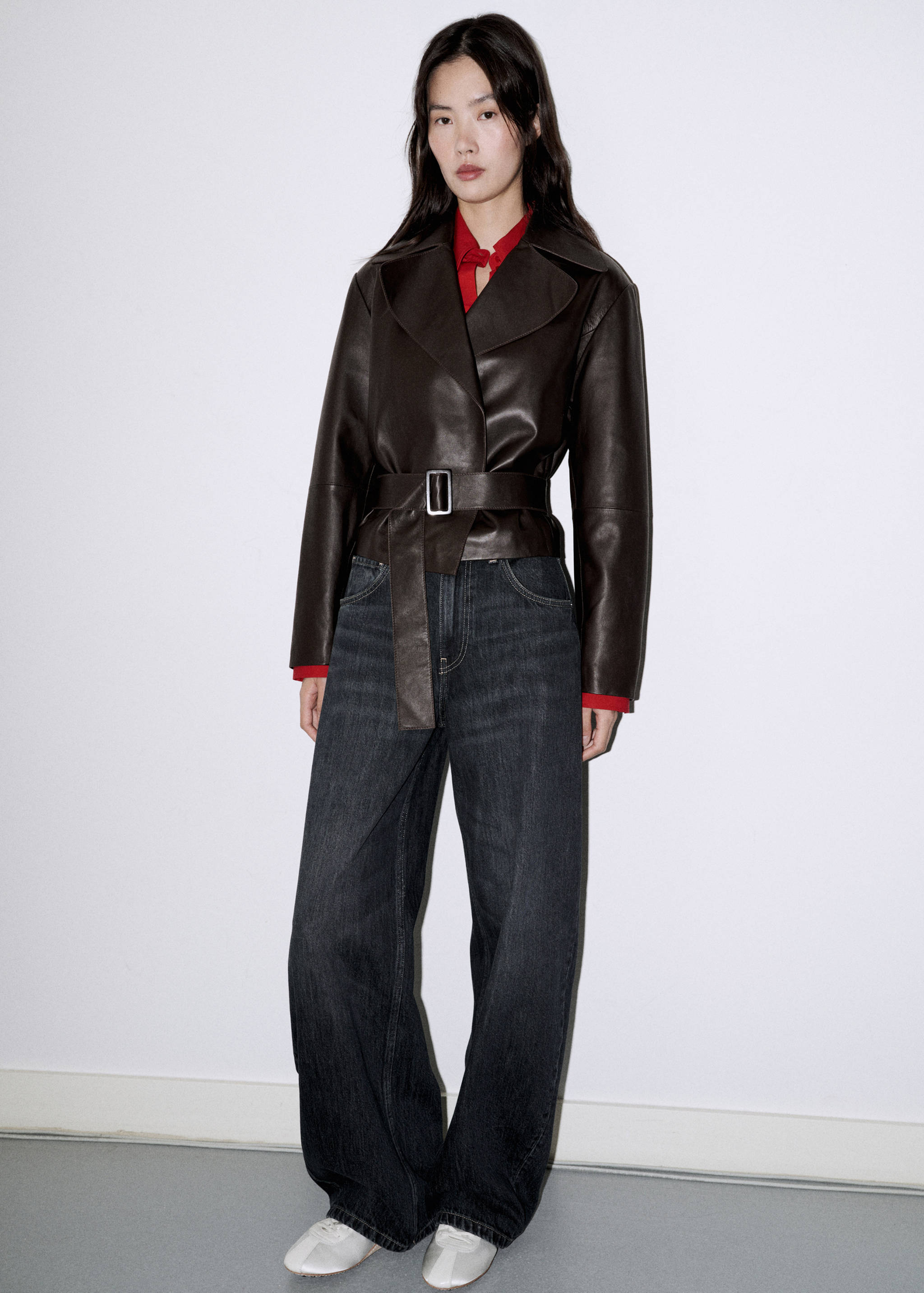 Crop leather trench coat with belt - General plane