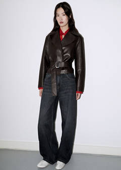 Crop leather trench coat with belt — Chocolate 9