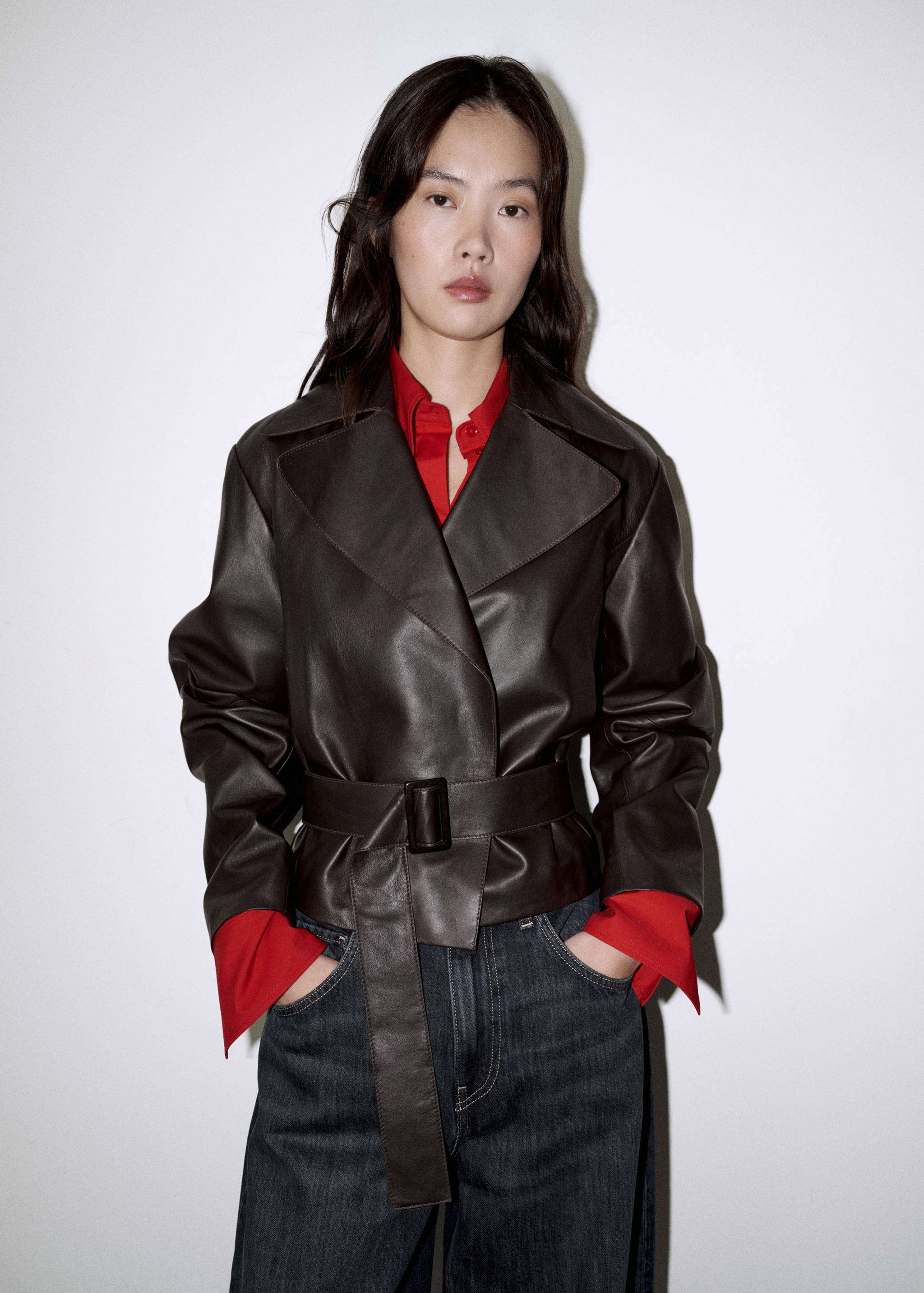 Crop leather trench coat with belt - Medium plane