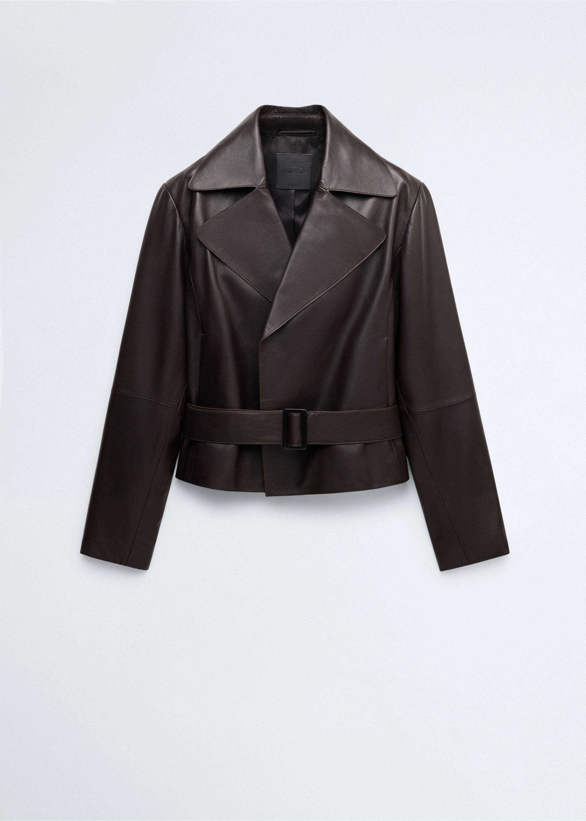 Cropped leather trench coat with belt - Article without model, Chocolate. Ref: 37076347-00.