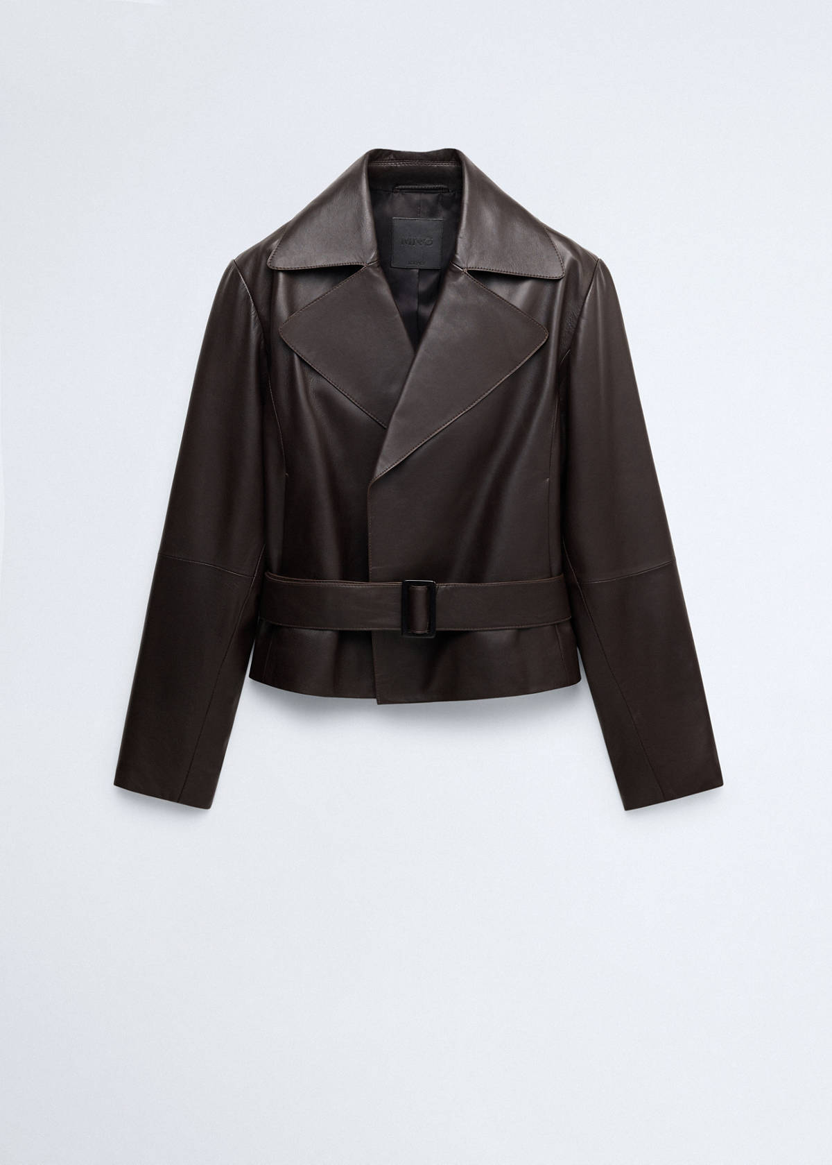 Crop leather trench coat with belt — Chocolate
