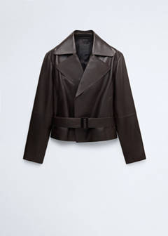 Crop leather trench coat with belt — Chocolate 5