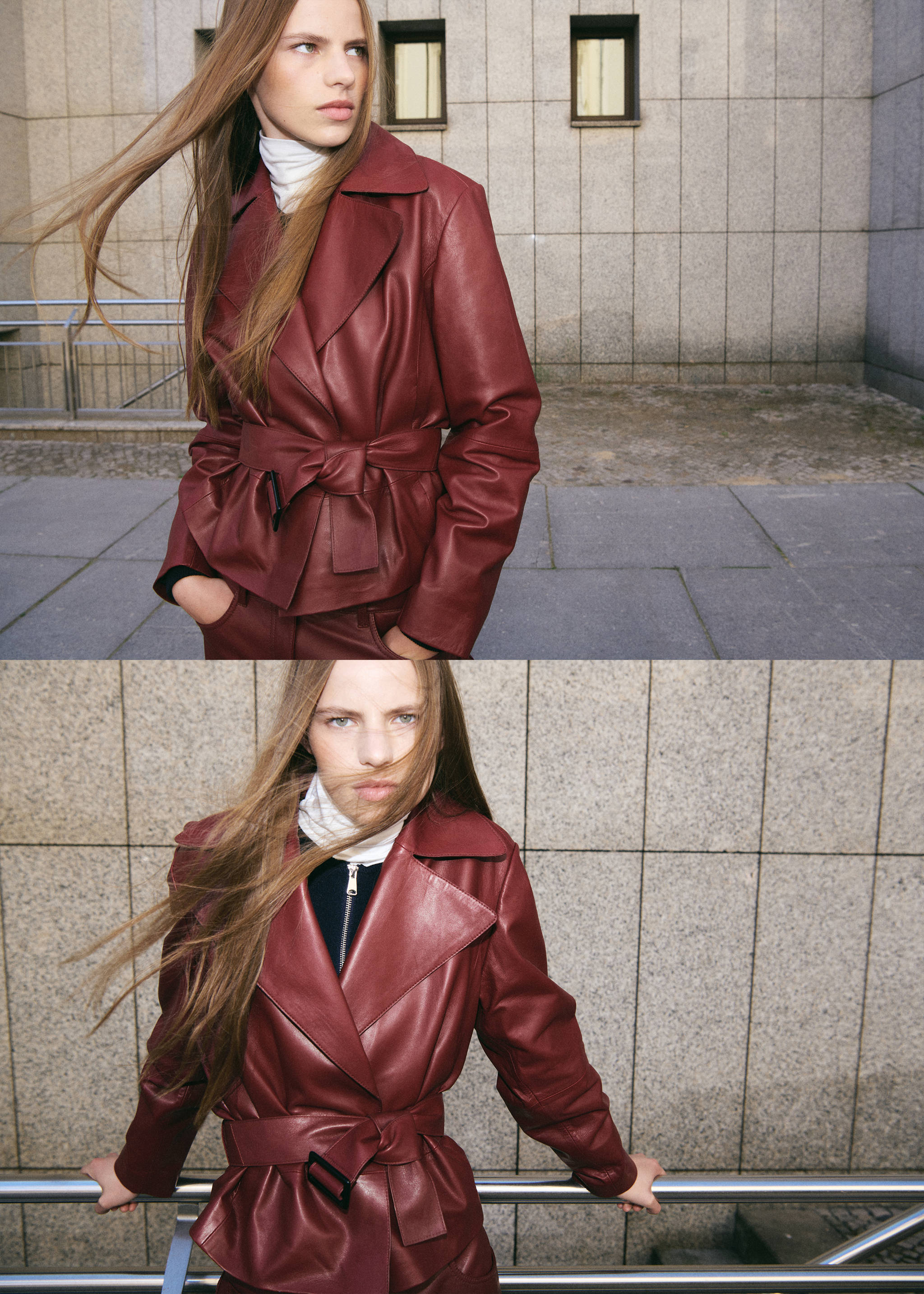 Crop leather trench coat with belt - Medium plane, Wine. Ref: 37076347-01.