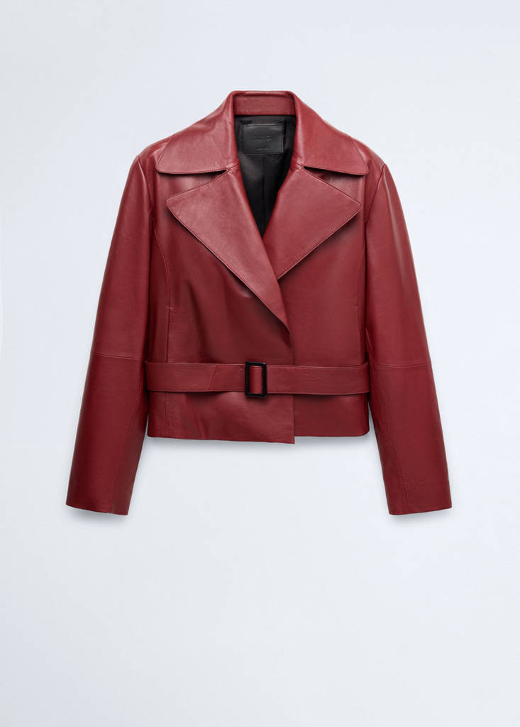 Crop leather trench coat with belt - thumbnail 4