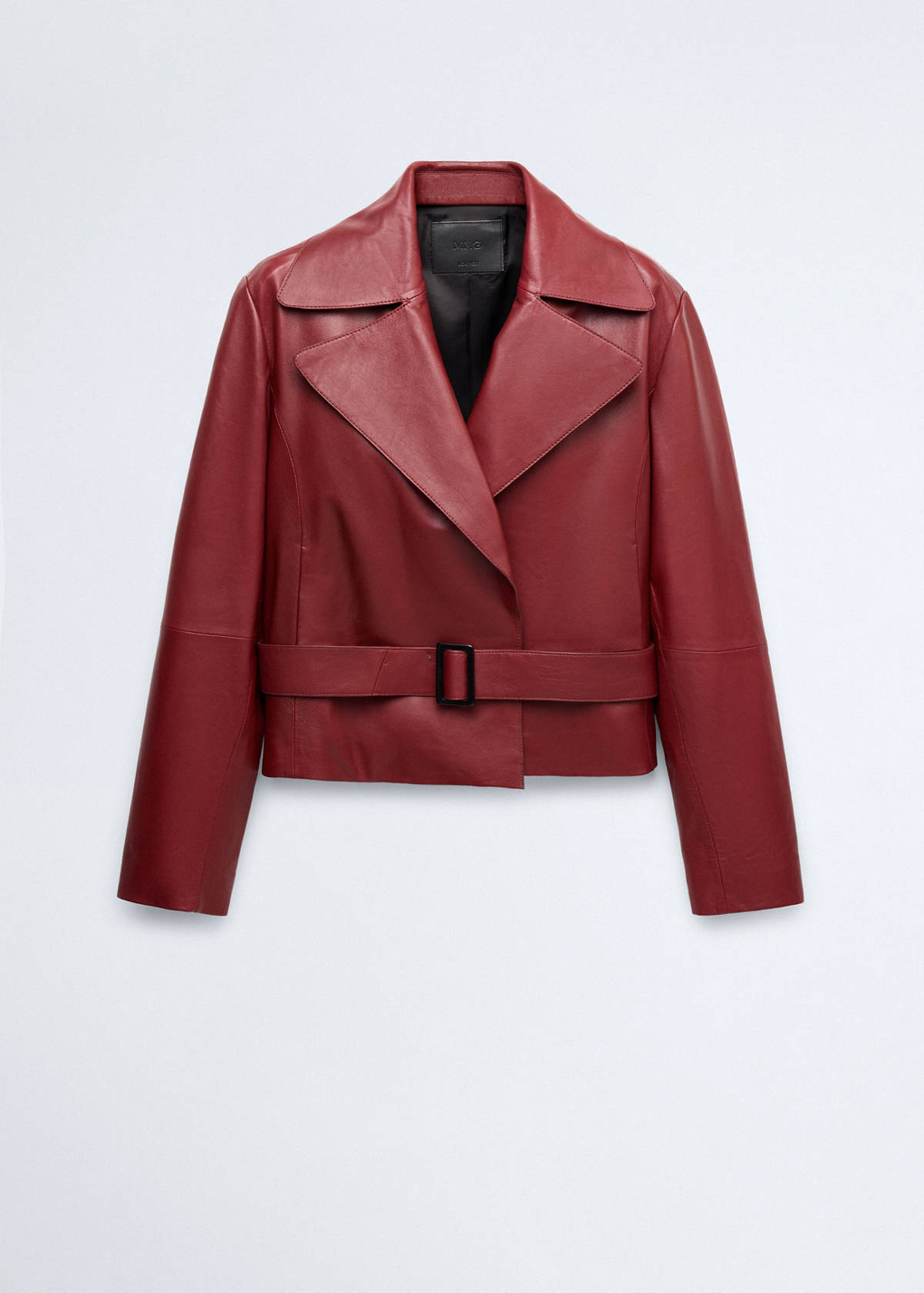 Crop leather trench coat with belt — Wine