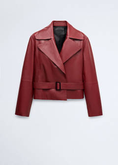 Crop leather trench coat with belt — Wine 6