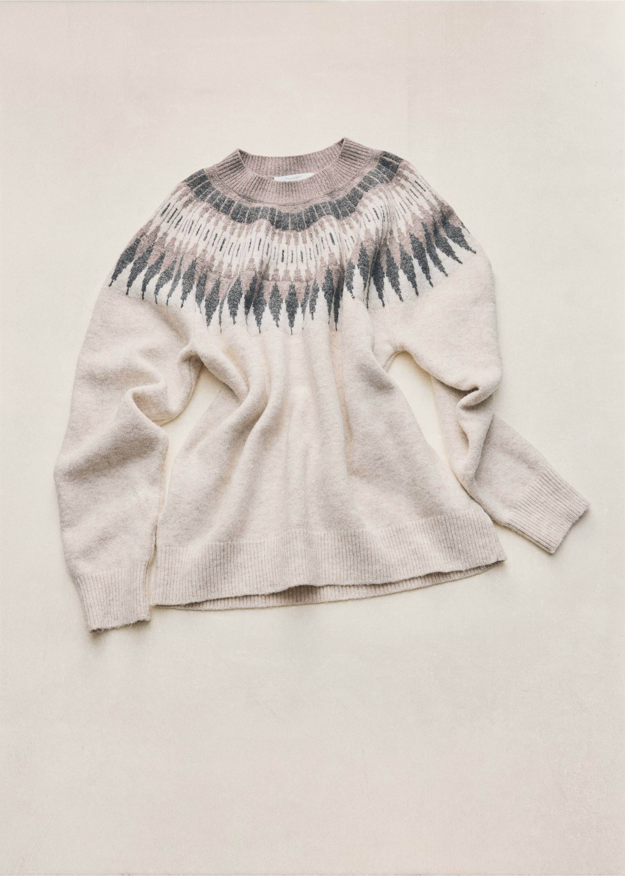 Cream knit sweater with a fair isle yoke pattern and crew neck., Medium Brown. Ref: 37076353-00.