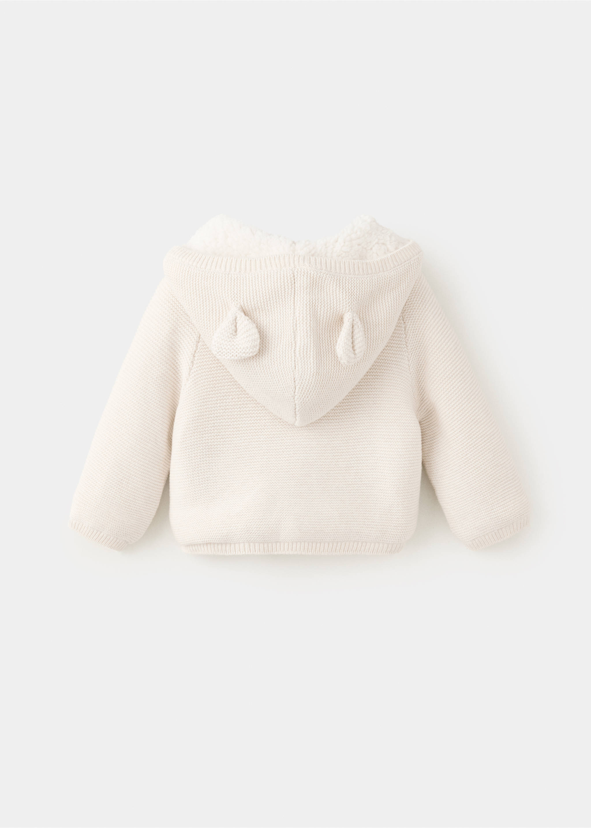 Cream knitted kids' cardigan with a faux-fur lined hood and bear ears, back view., Sand. Ref: 37076354-00.