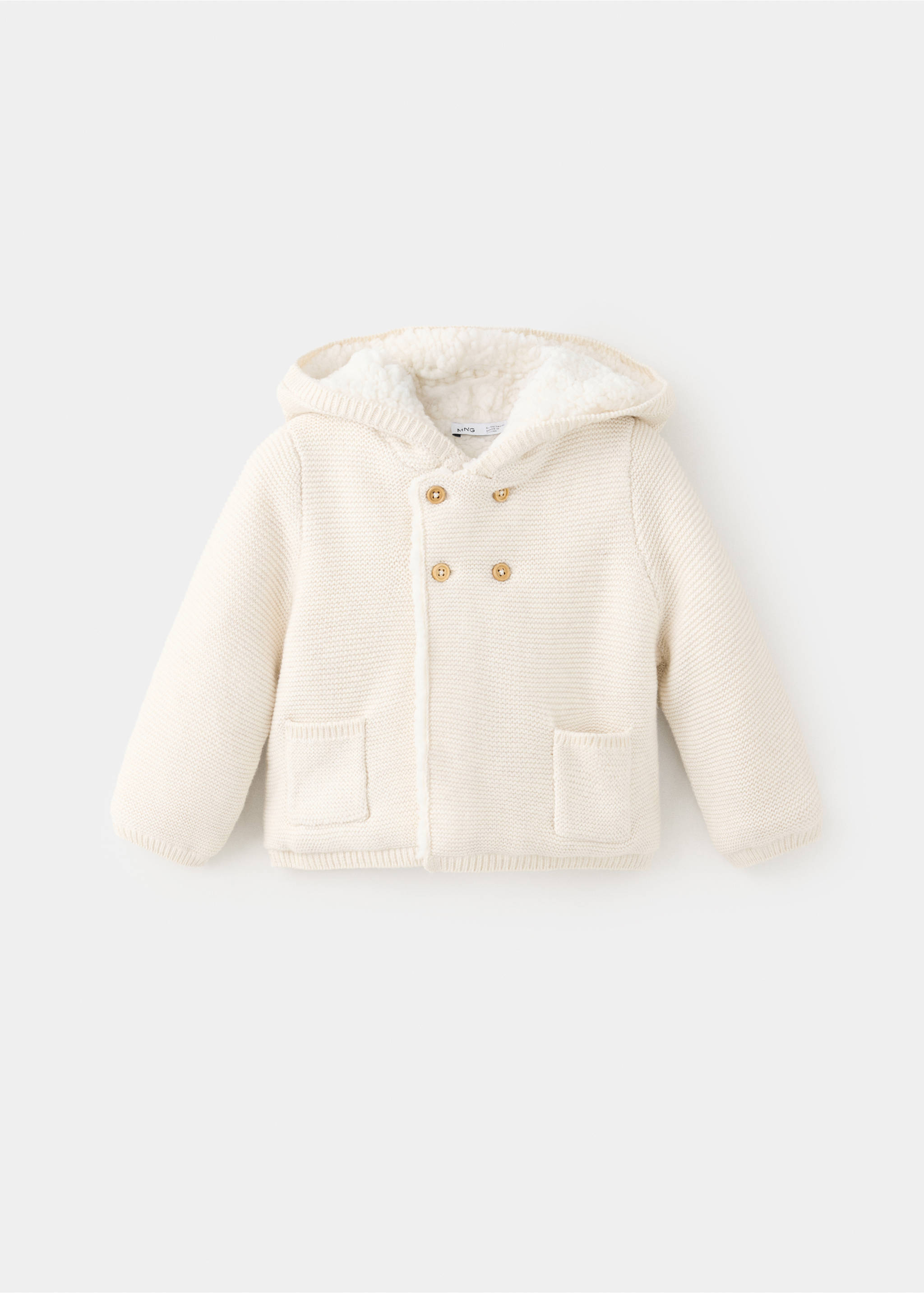 Cream knit baby cardigan with a hood, double-breasted button fastening, and white faux-shearling lining., Sand. Ref: 37076354-00.