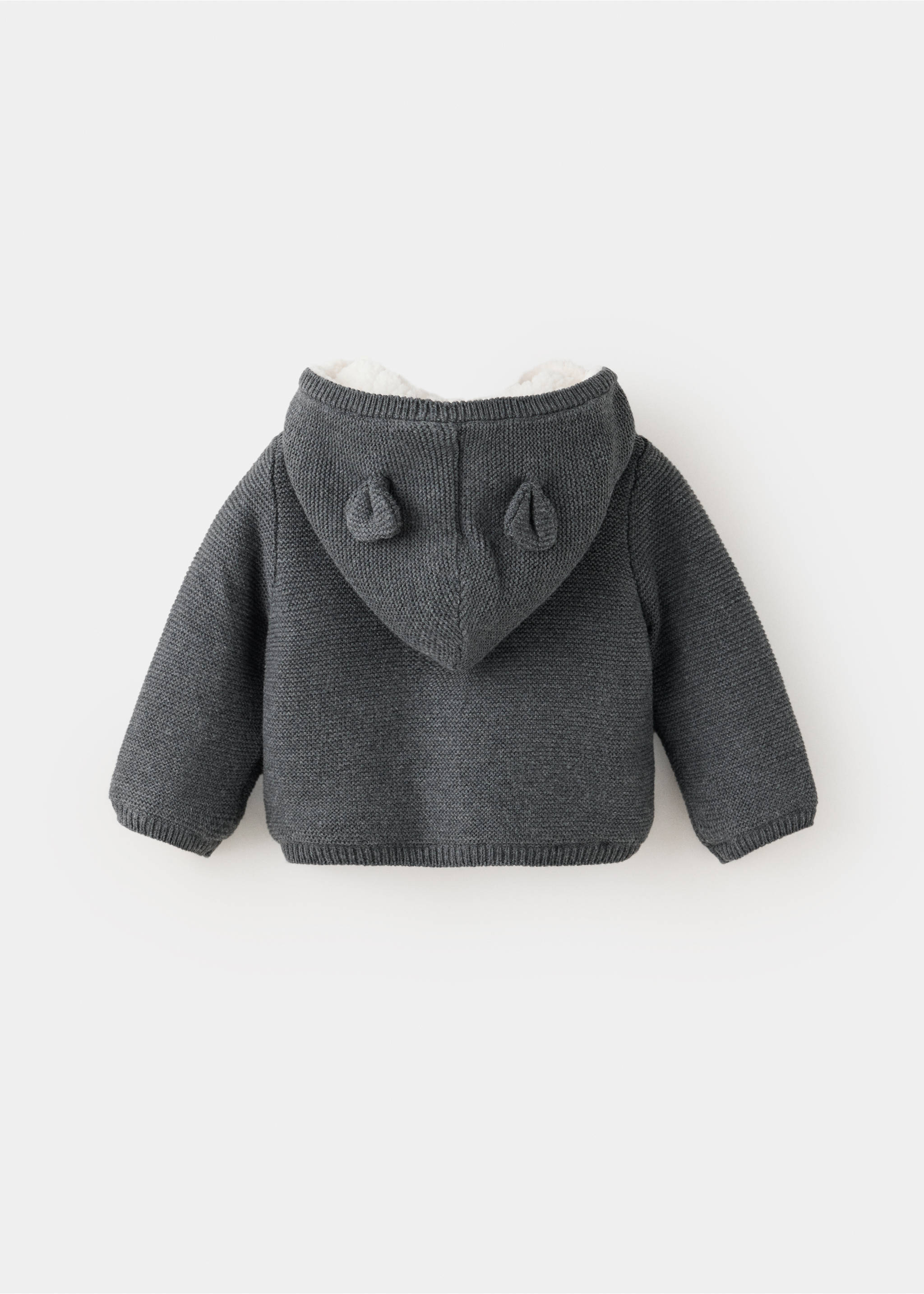 Dark grey knitted children's cardigan with a bear-eared hood, back view., Charcoal. Ref: 37076354-00.