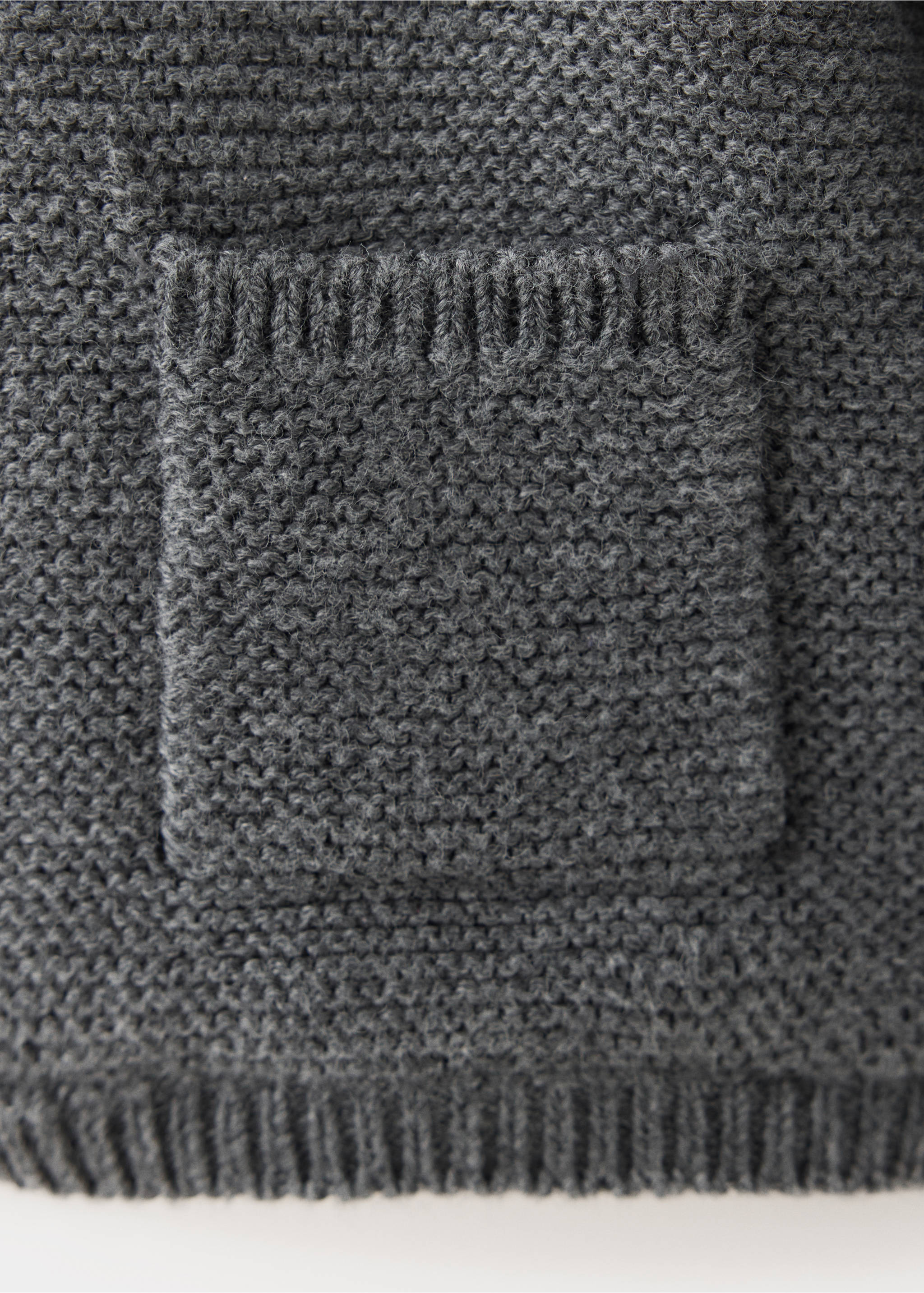 Dark grey knit cardigan fabric and patch pocket detail., Charcoal. Ref: 37076354-00.