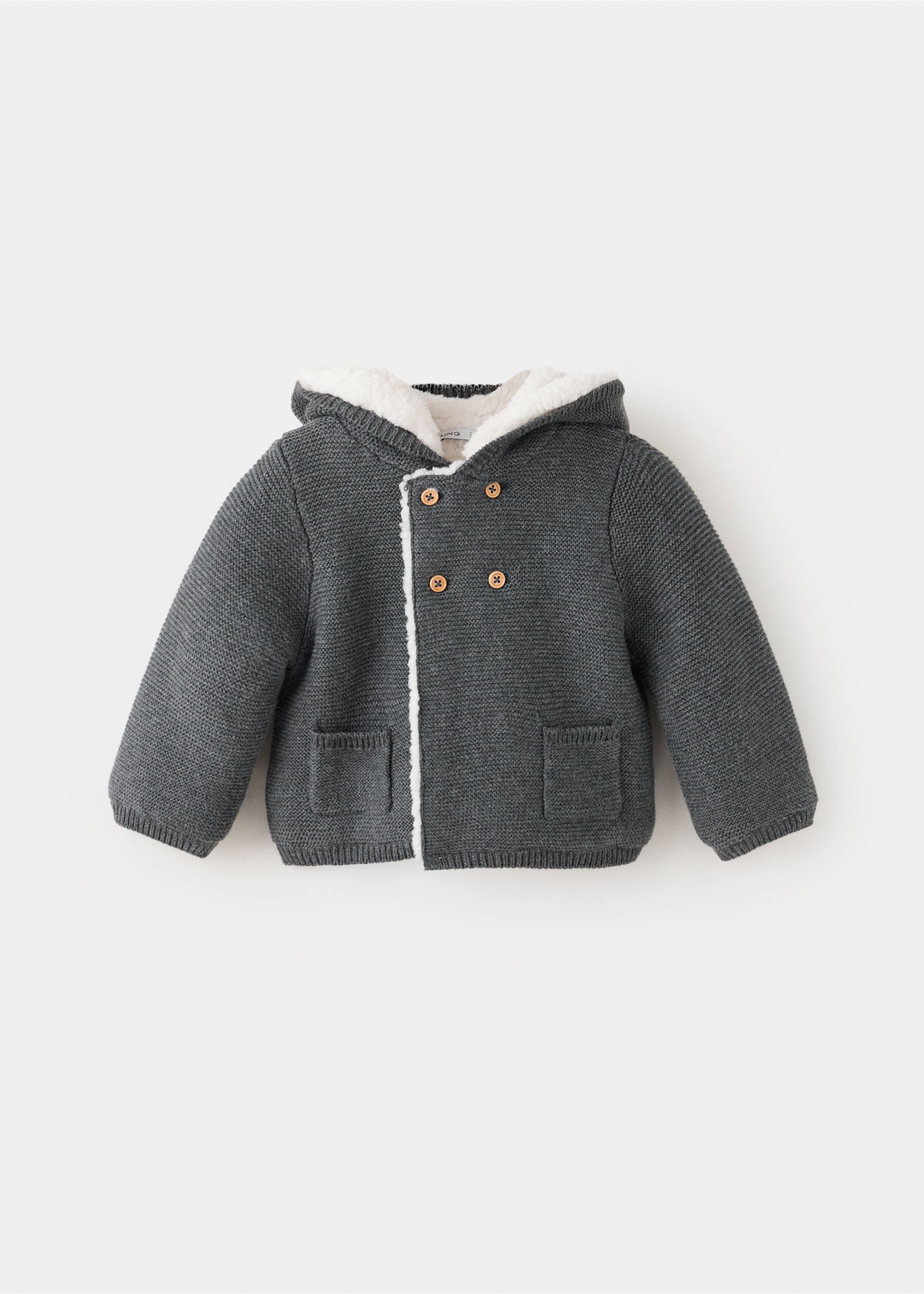 Dark grey knit cardigan with a hood, white faux-shearling lining, and double-breasted button fastening., Charcoal. Ref: 37076354-00.