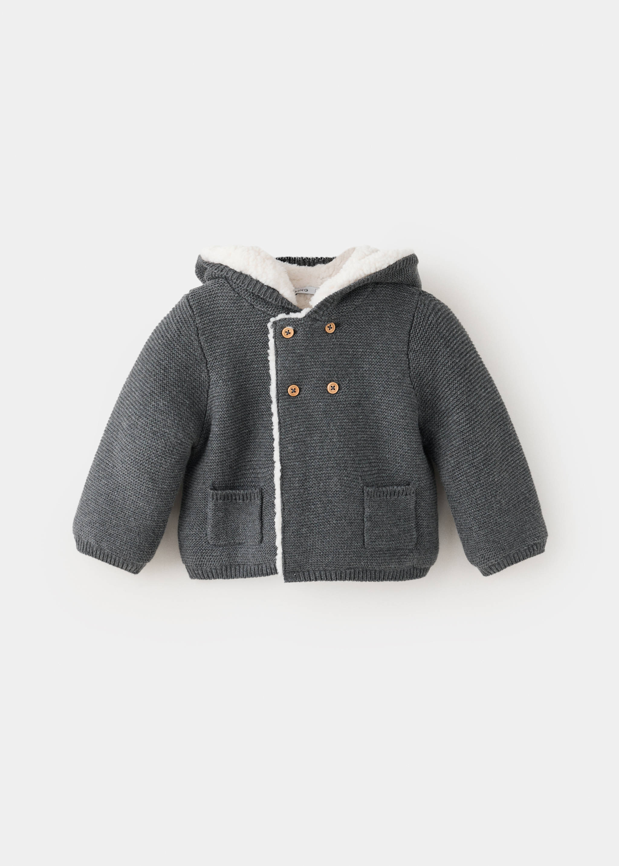 Dark grey knit cardigan with a hood, white faux-shearling lining, and double-breasted button fastening.