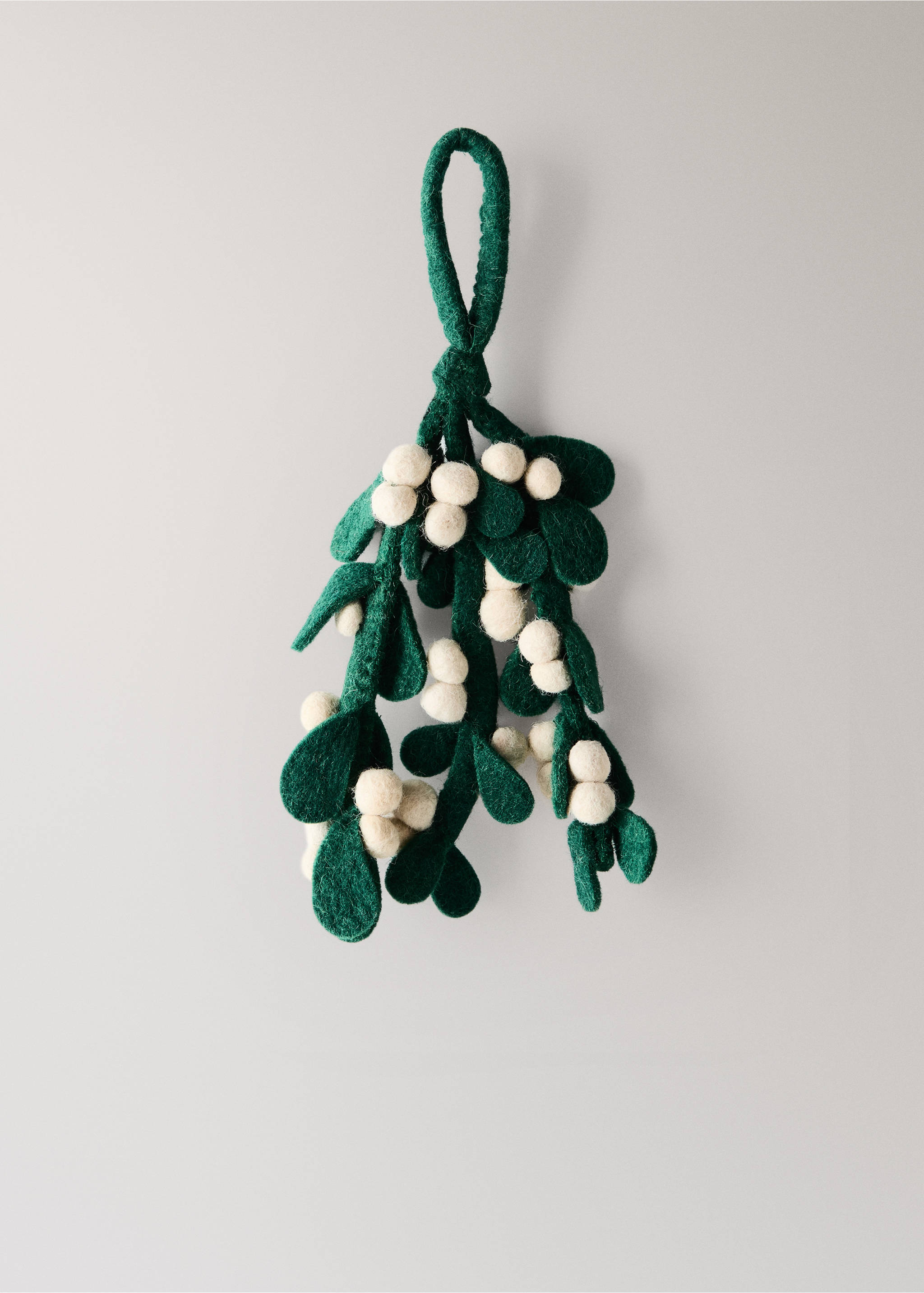 Green felt mistletoe decoration with white spherical berries and a hanging loop., Green. Ref: 37076728-00.