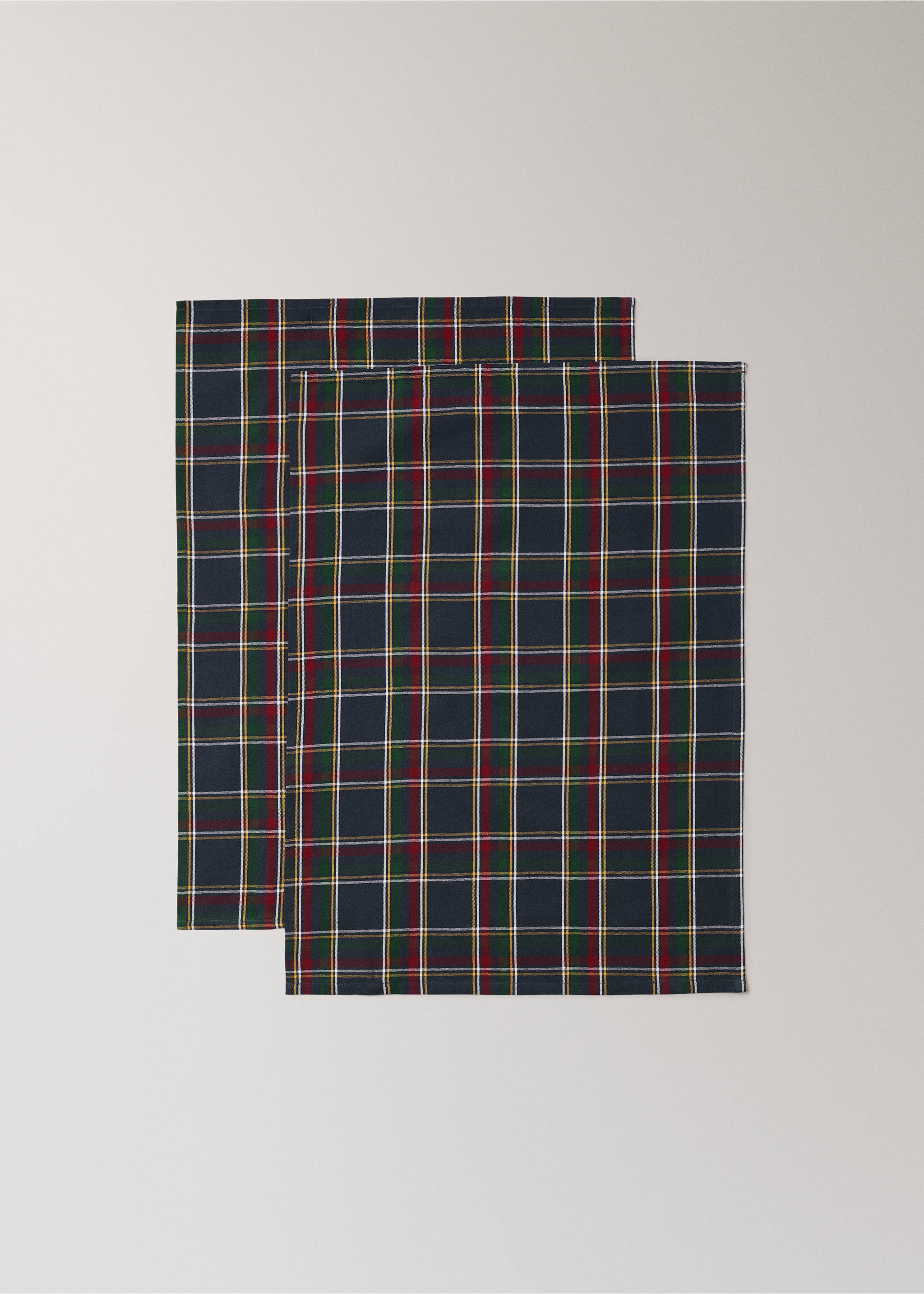 Two tartan check kitchen tea towels in navy blue, red, green, and yellow., Blue. Ref: 37076732-00.