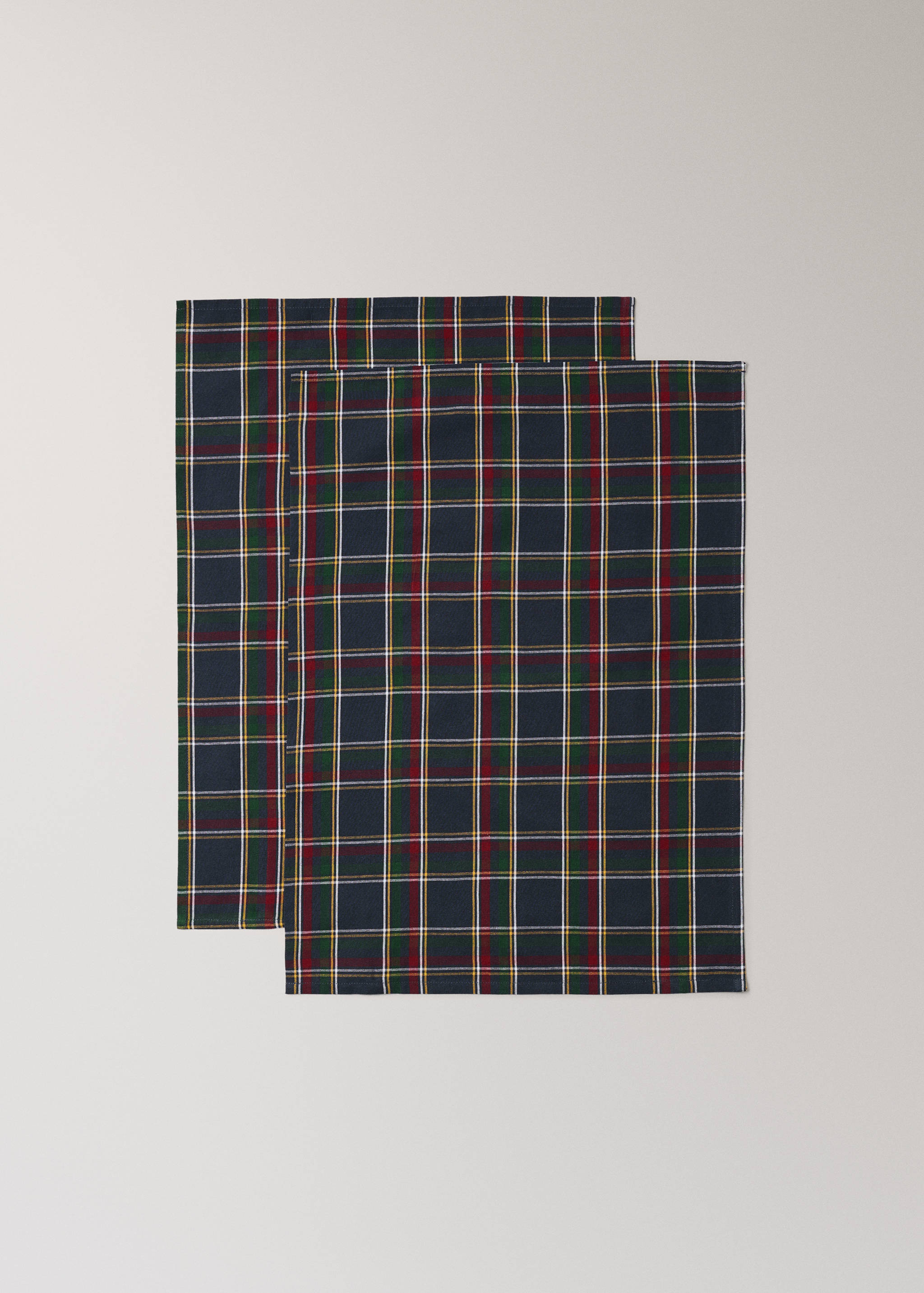Two tartan check kitchen tea towels in navy blue, red, green, and yellow.