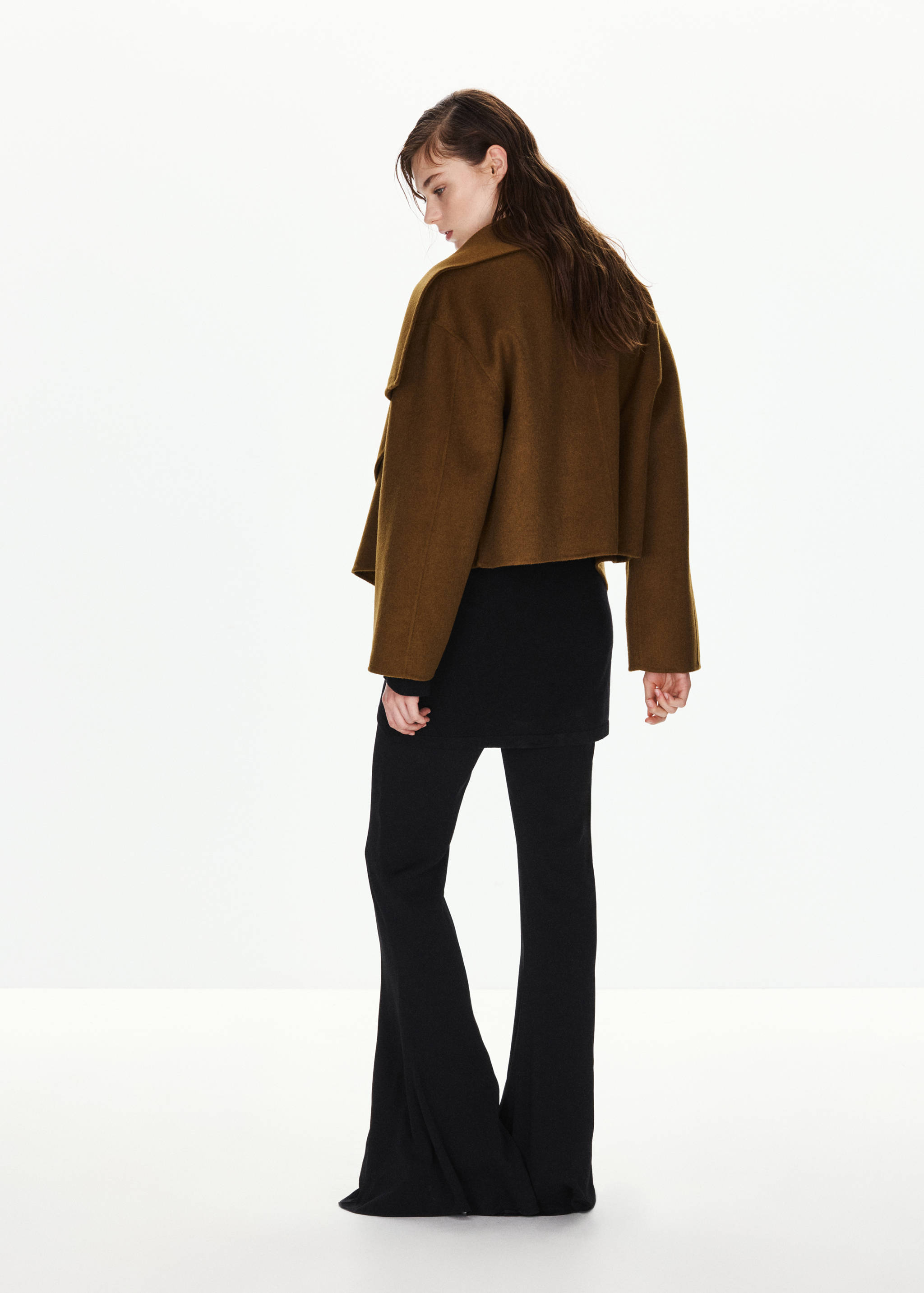 Brown jacket with a cropped hem and wide collar, back view.