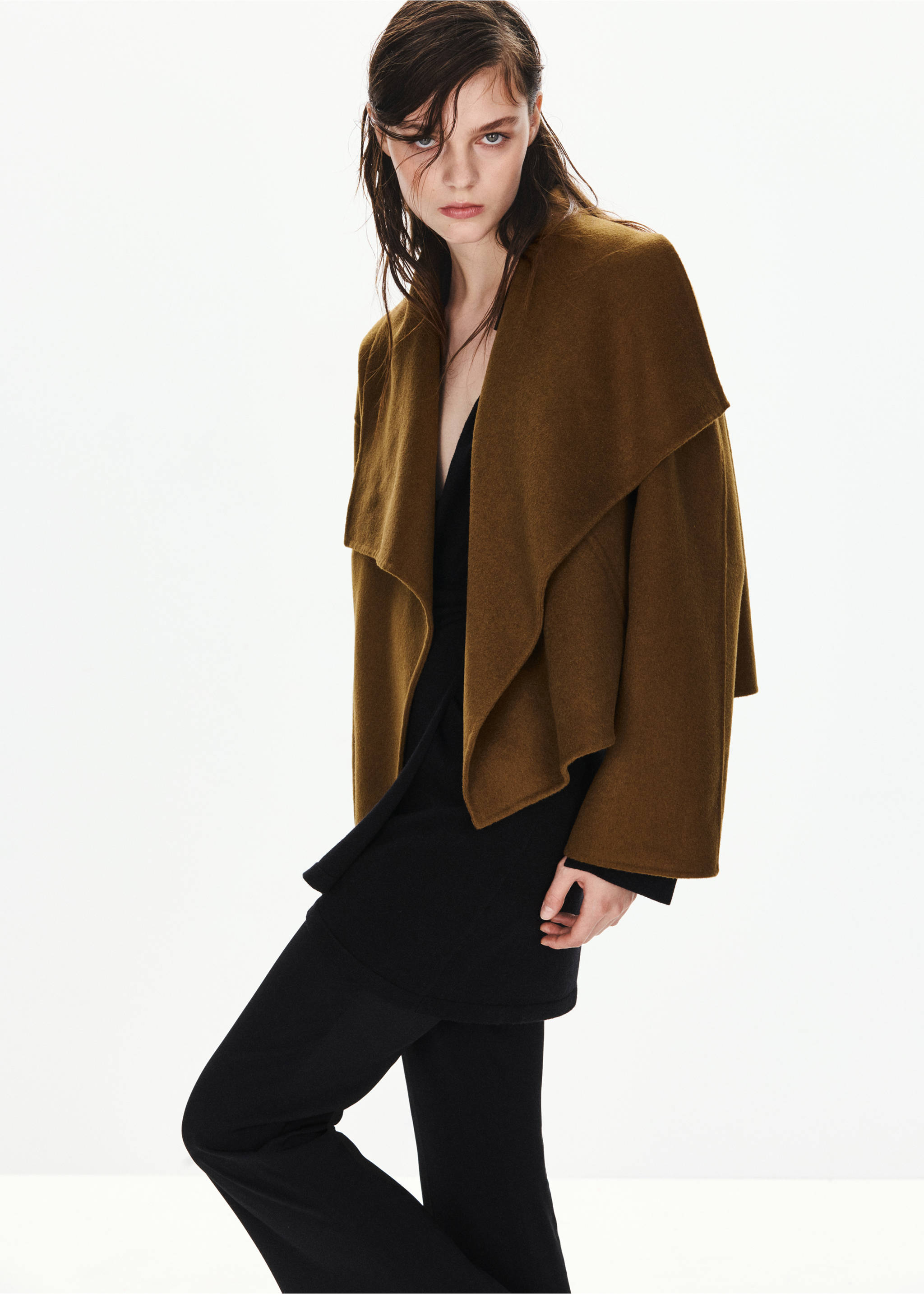 Dark brown jacket with a wide draped collar and long sleeves., Medium Brown. Ref: 37076739-00.