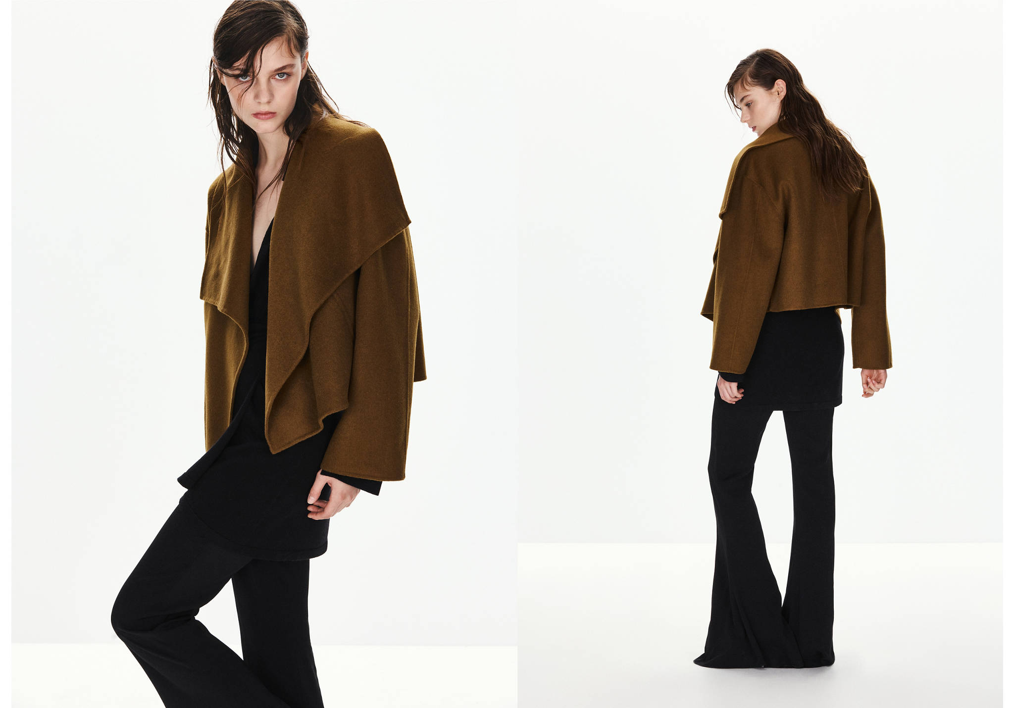 Olive green cropped jacket with wide collar, worn with black top and trousers in a front and back view.