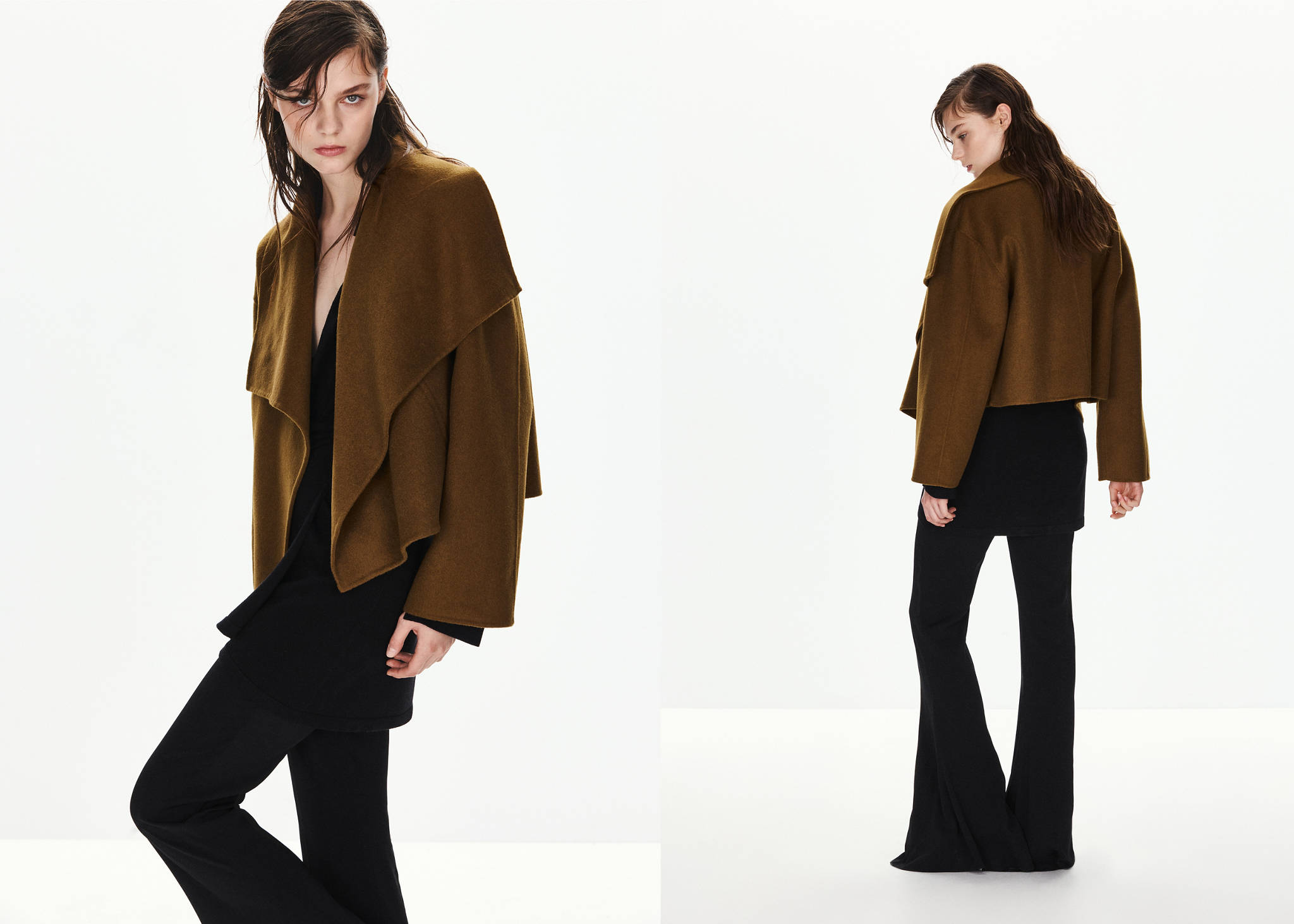 Olive green cropped jacket with wide collar, worn with black top and trousers in a front and back view.