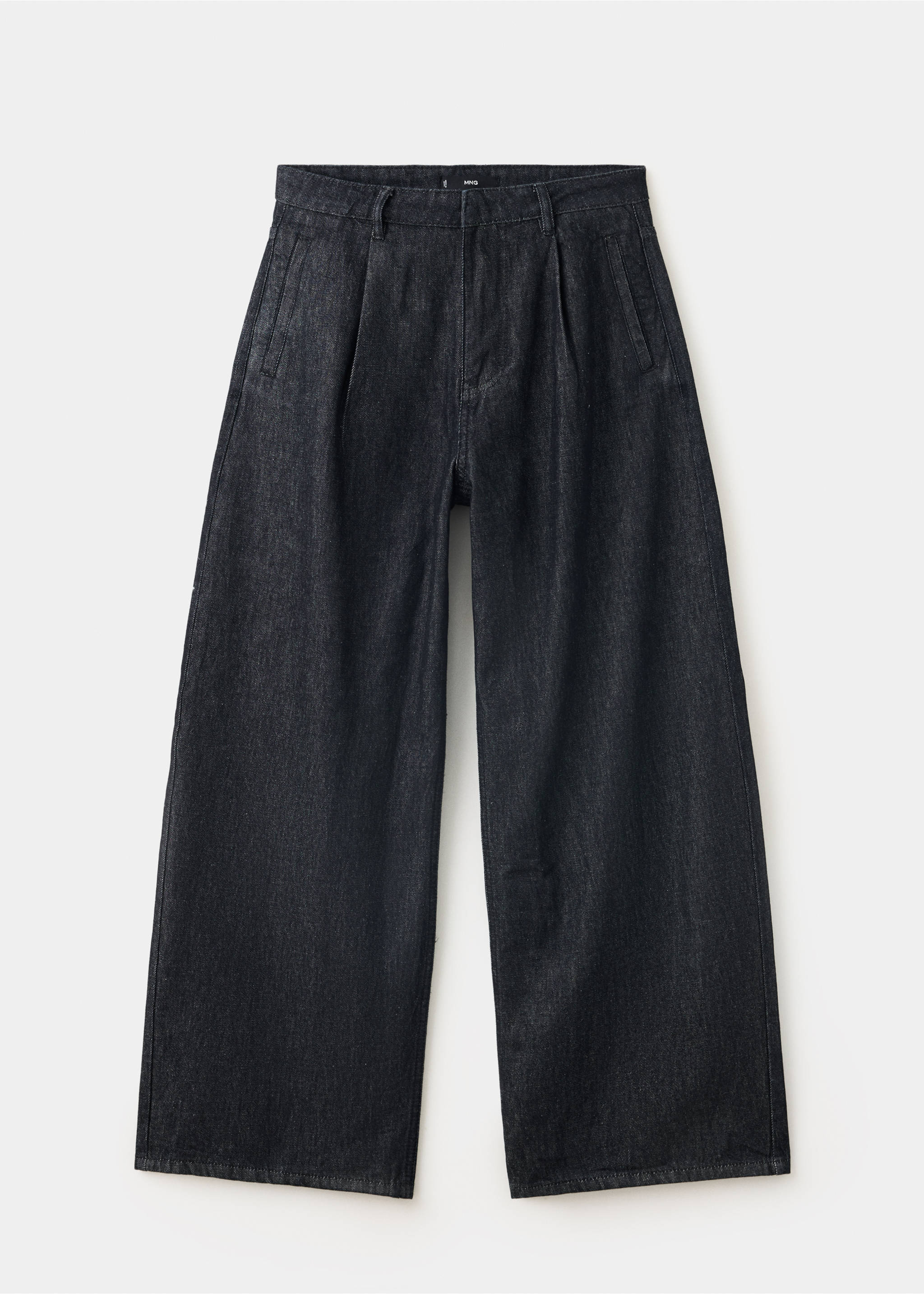Dark grey wide-leg denim trousers with high waist and pleats., Black. Ref: 37076748-00.