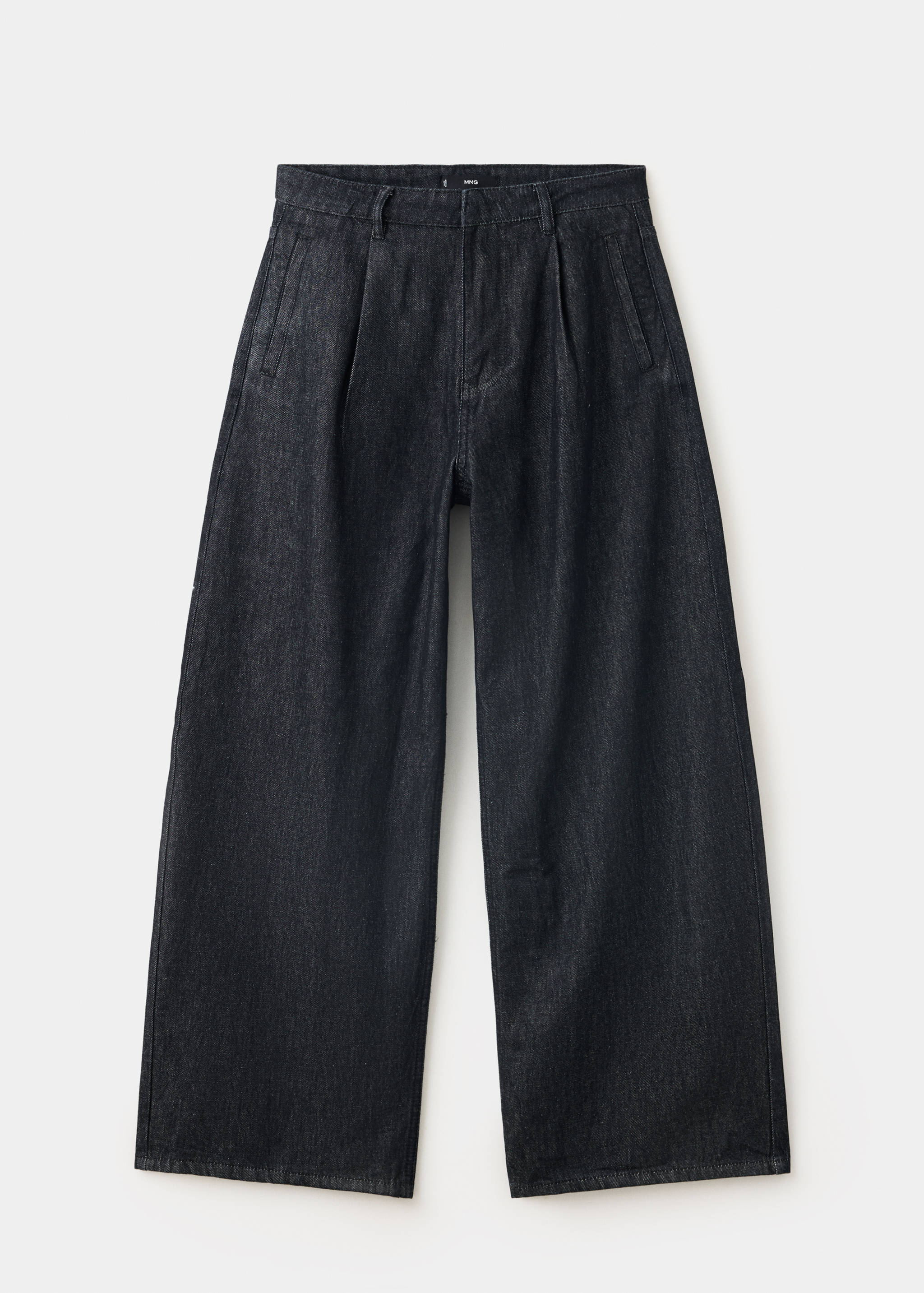 Dark grey wide-leg denim trousers with high waist and pleats.