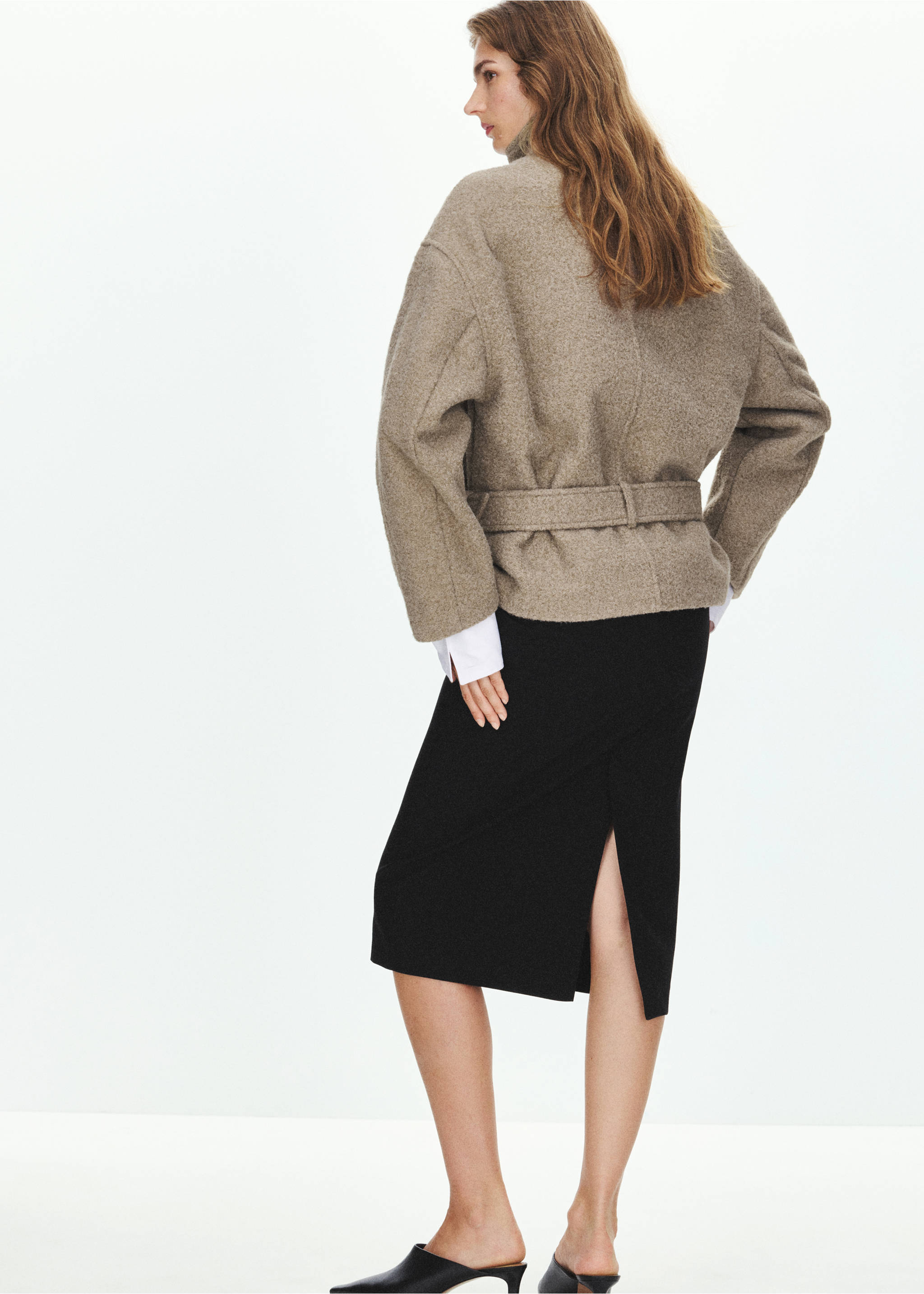 Taupe wool-blend coat worn from the back, featuring a matching waist belt., Medium Brown. Ref: 37077115-00.