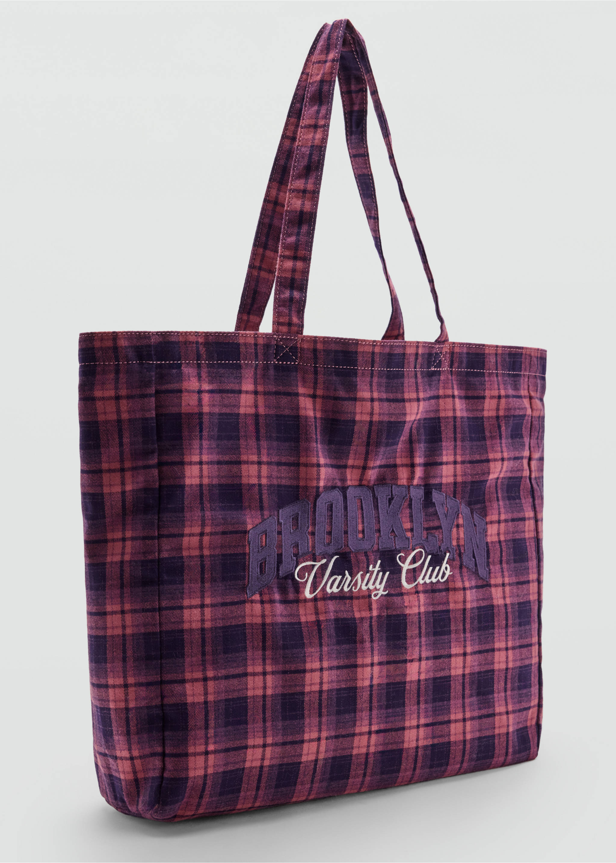 Check tote bag with embroidered text - Medium plane, Lilac. Ref: 37077131-00.