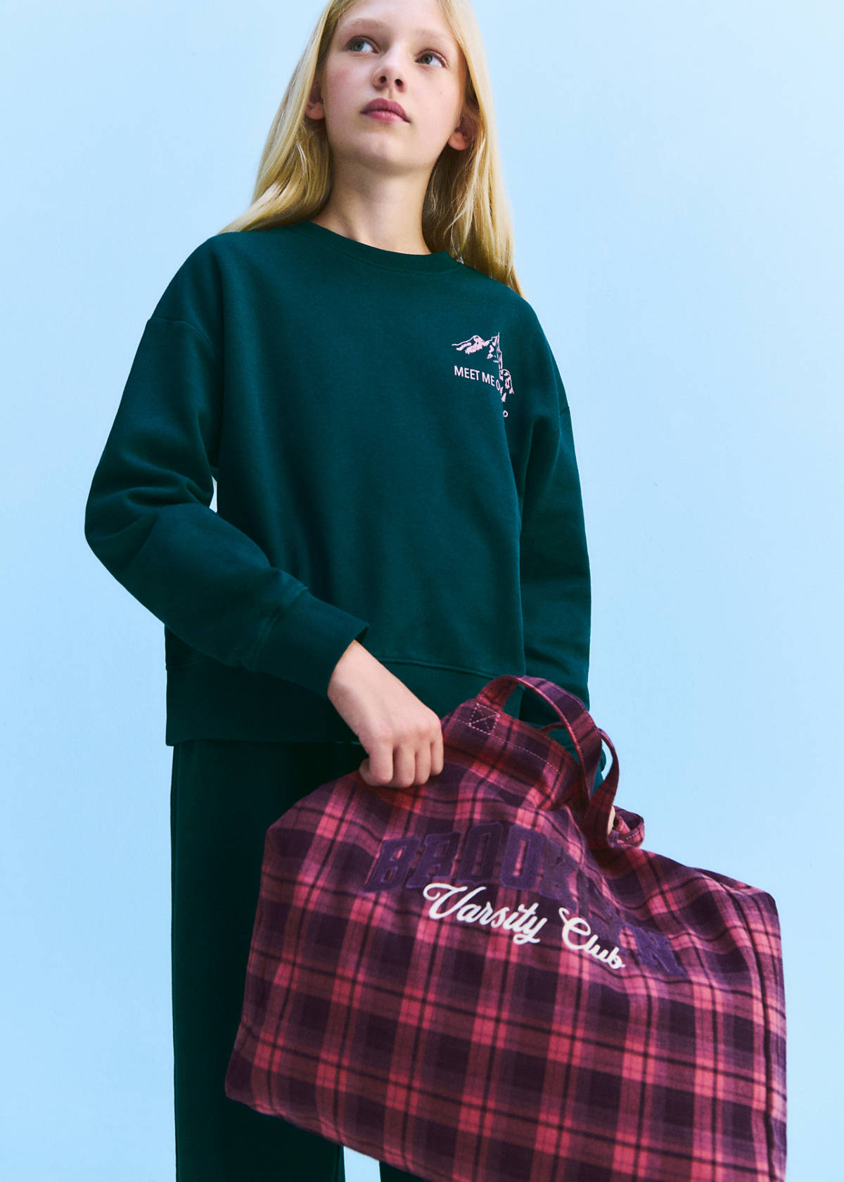 Tote bag with check pattern and embroidered text — Lilac