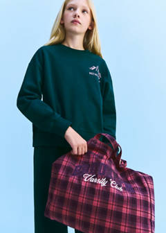 Tote bag with check pattern and embroidered text — Lilac 2