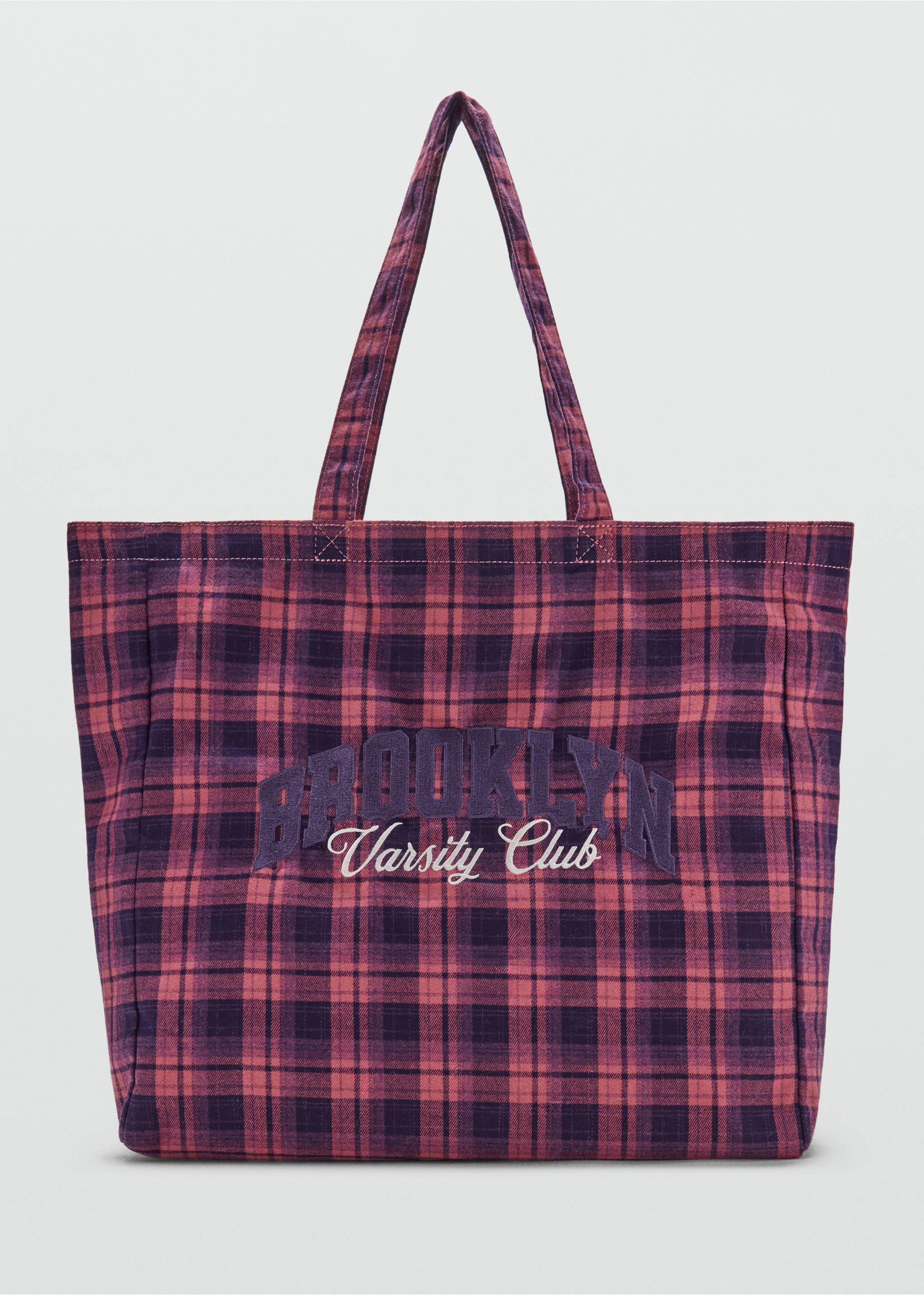 Check tote bag with embroidered text - Article without model, Lilac. Ref: 37077131-00.