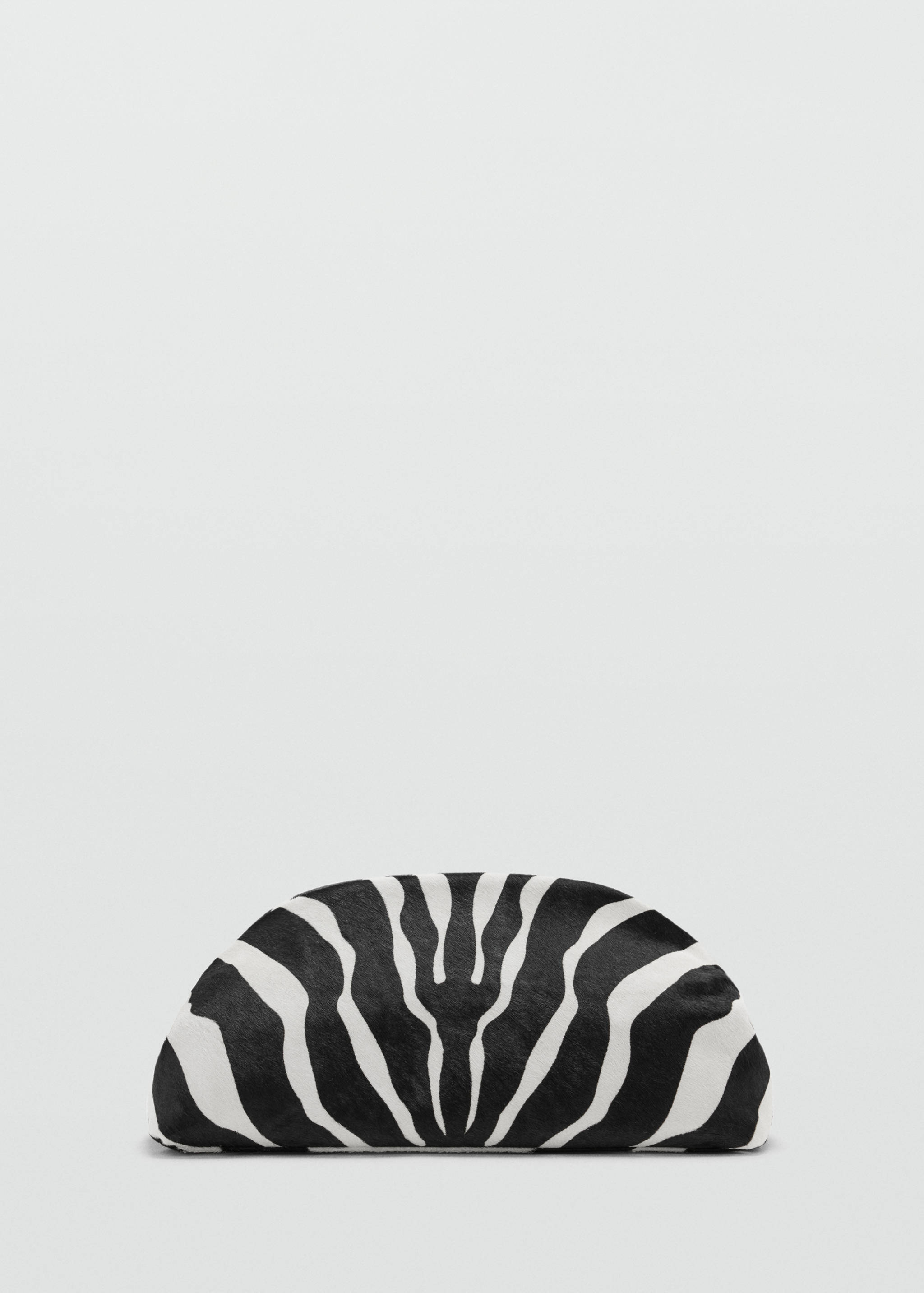 Zebra-print handbag with a curved semi-circular silhouette and a textured finish.