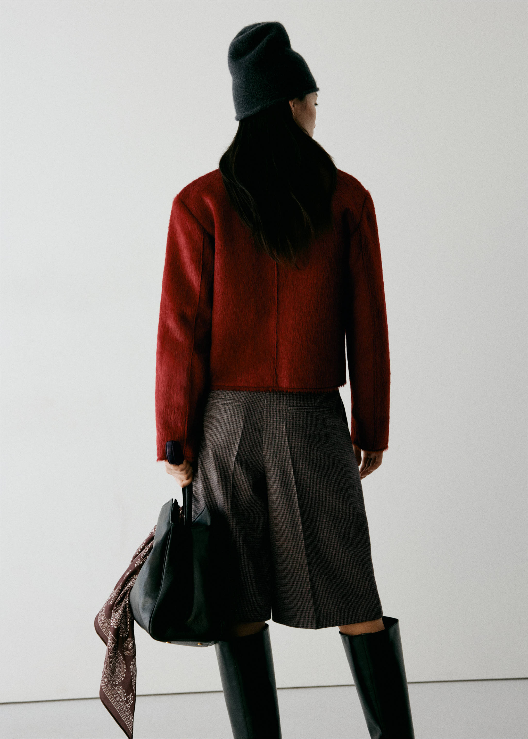 Dark red jacket in a cropped, collarless design, shown from the back., Red. Ref: 37077134-00.