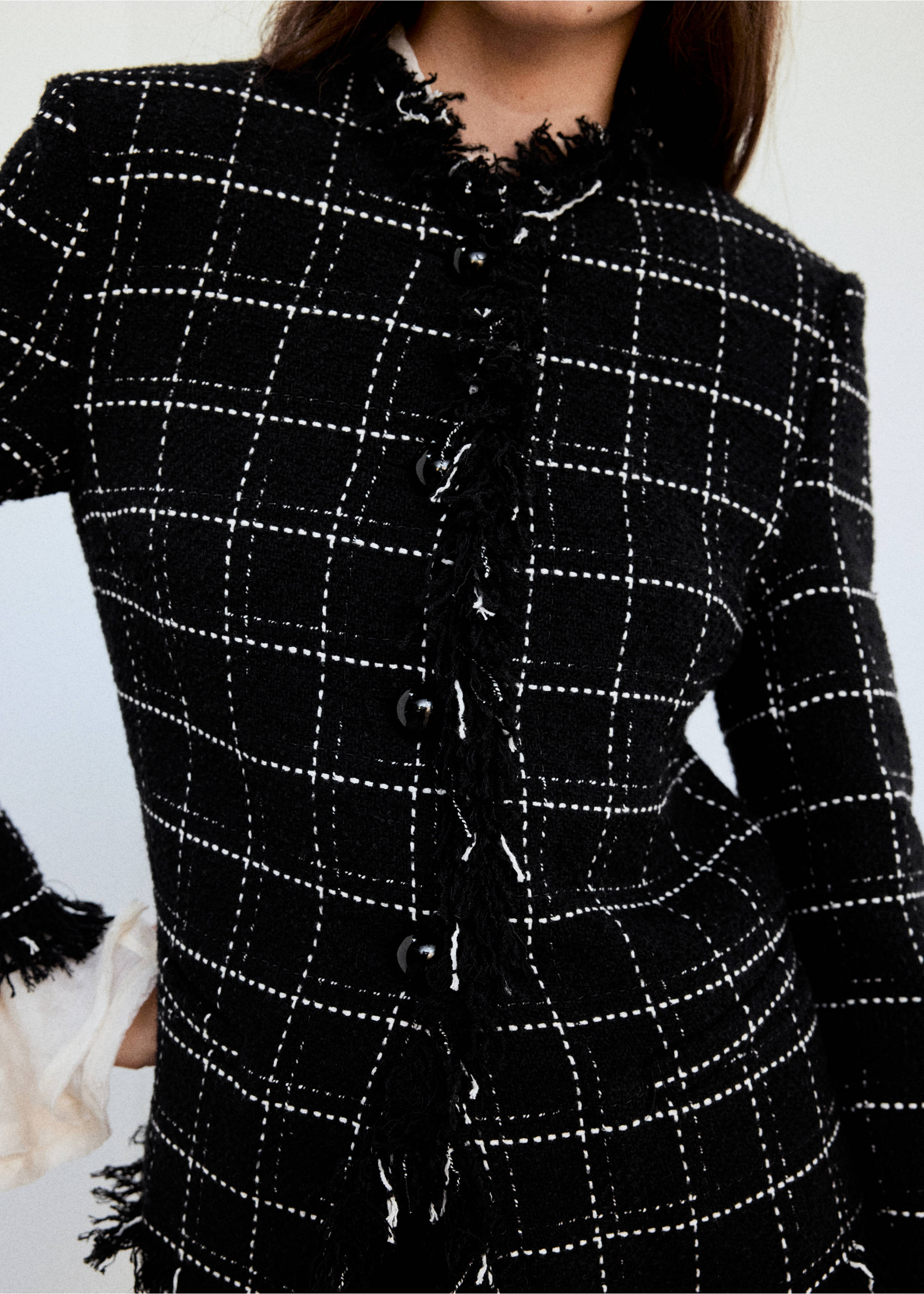 Fringed tweed blazer - Details of the article 1, Black. Ref: 37077138-00.