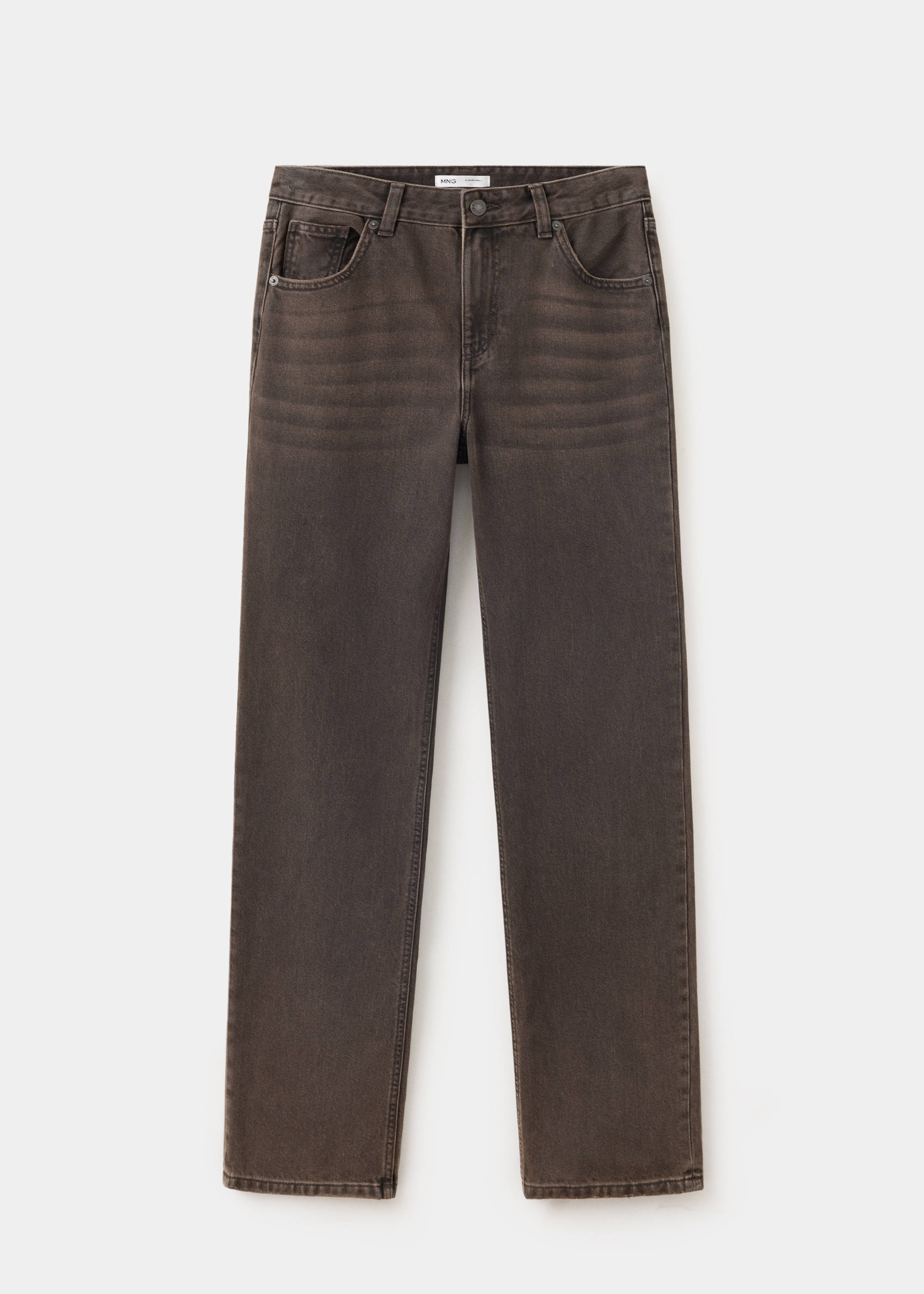 Dark brown denim trousers with a mid-rise waist and five-pocket design.