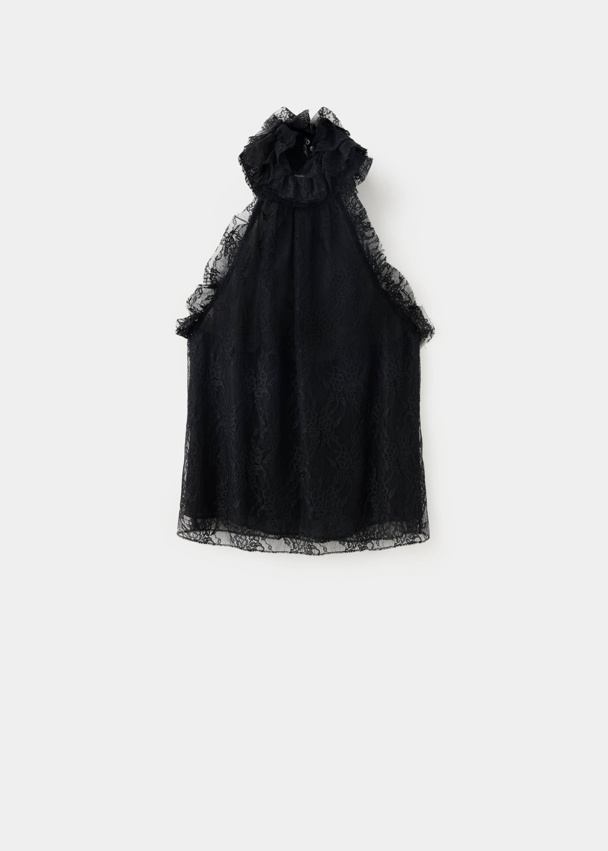 Black sleeveless lace top with a high ruffled collar.