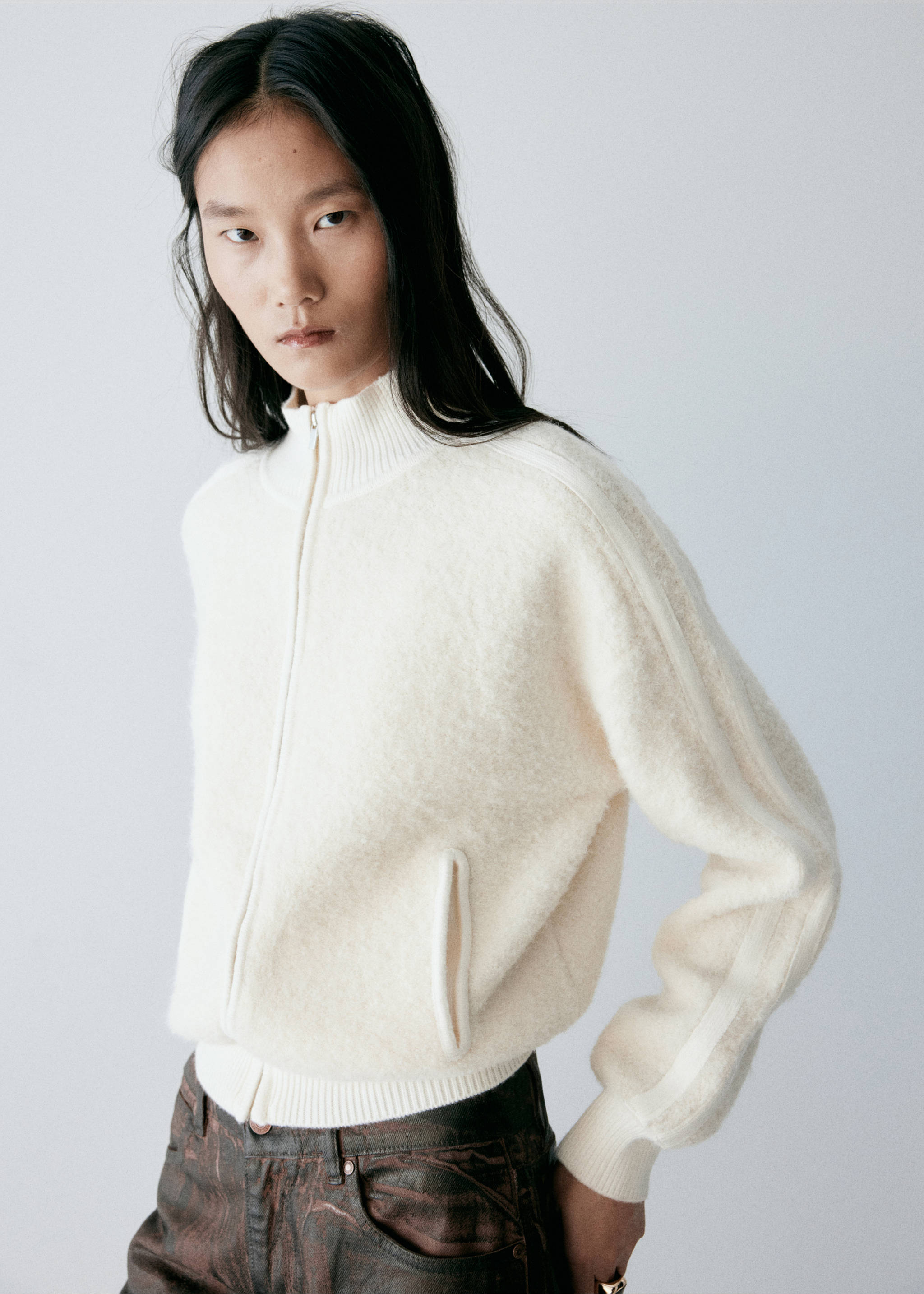 Bouclé zip-up jacket - Medium plane, Ecru. Ref: 37077785-00.