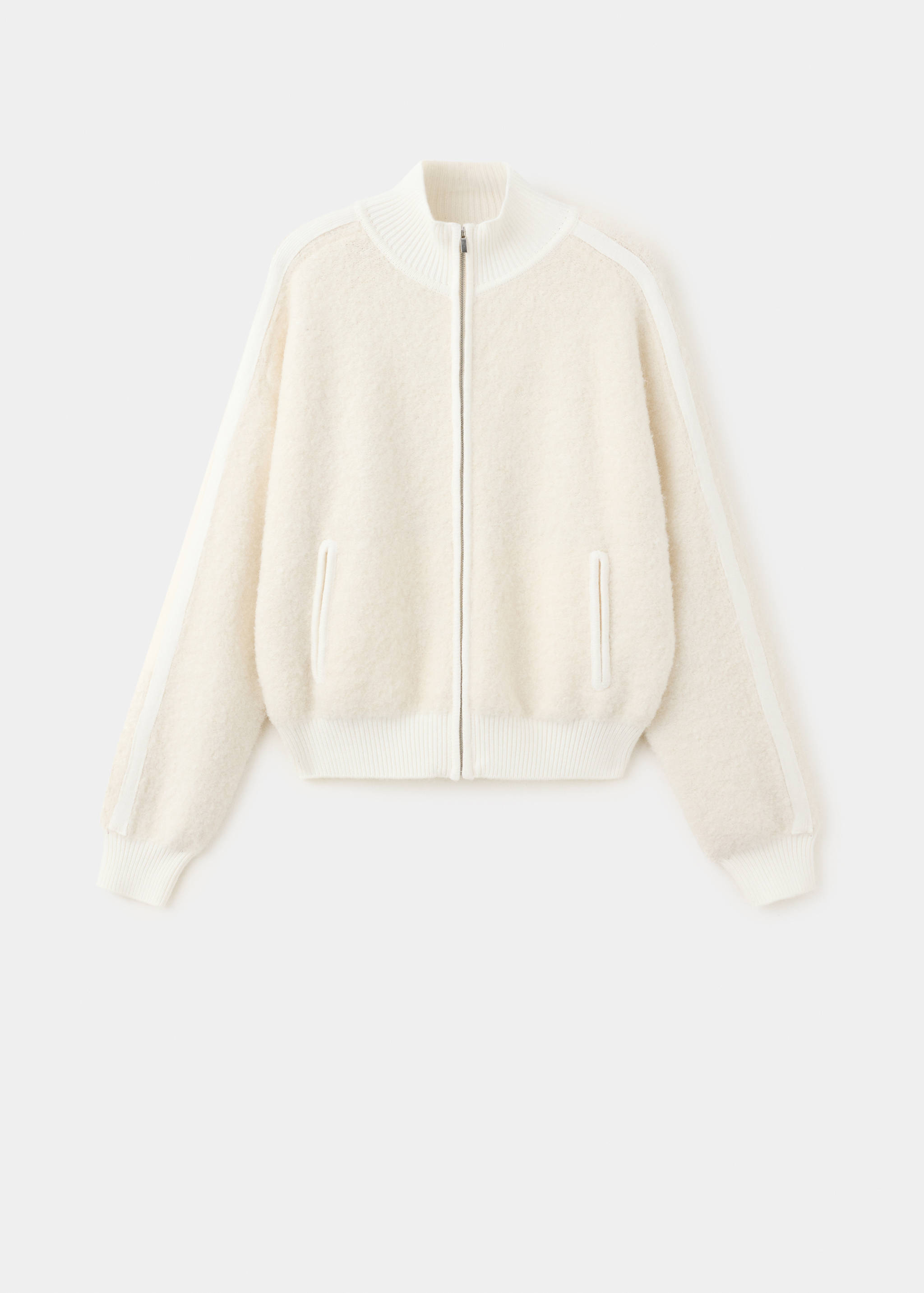 Off-white zipped jacket with ribbed high collar and contrast sleeve stripes.