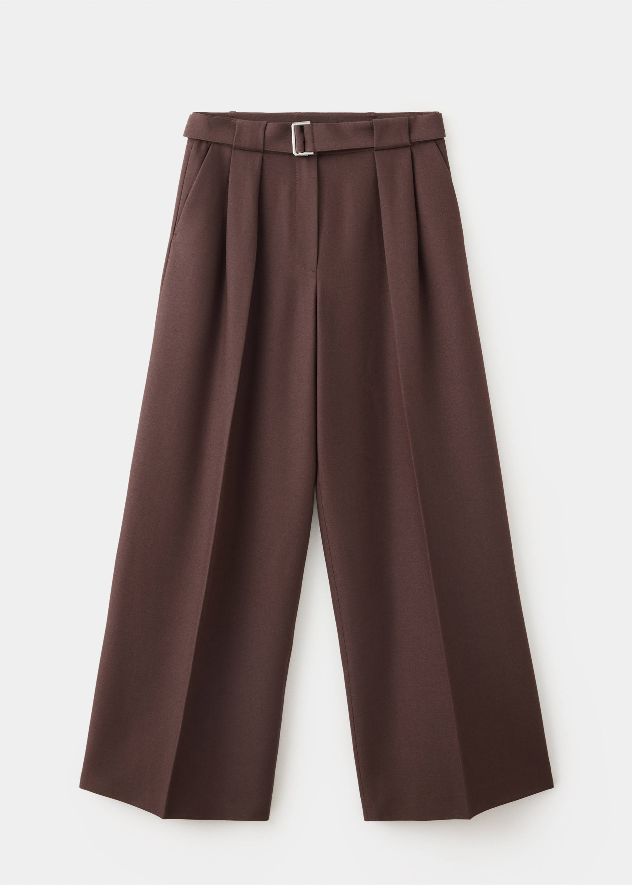 Dark brown high-rise pleated wide trousers with a matching belt., Brown. Ref: 37077790-00.