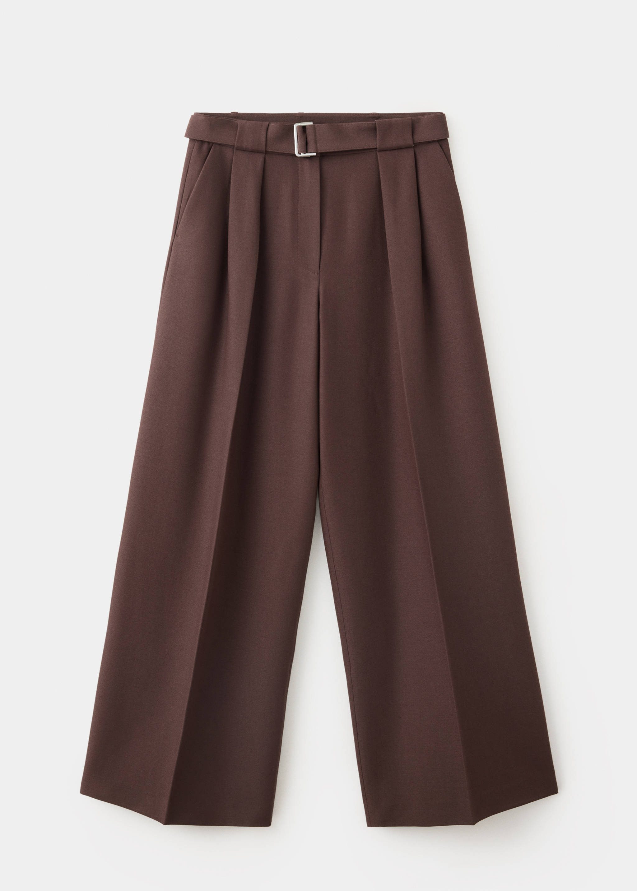 Dark brown high-rise pleated wide trousers with a matching belt.